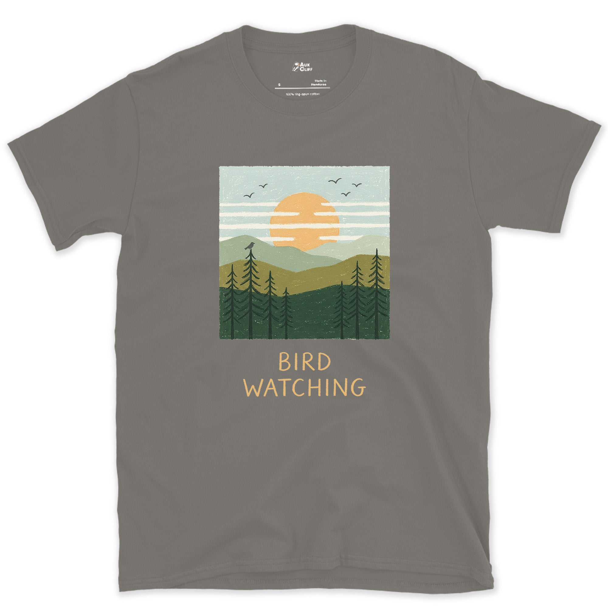 Bird Watching, Sun Over the Pines design on a Charcoal Gildan Softstyle t-shirt