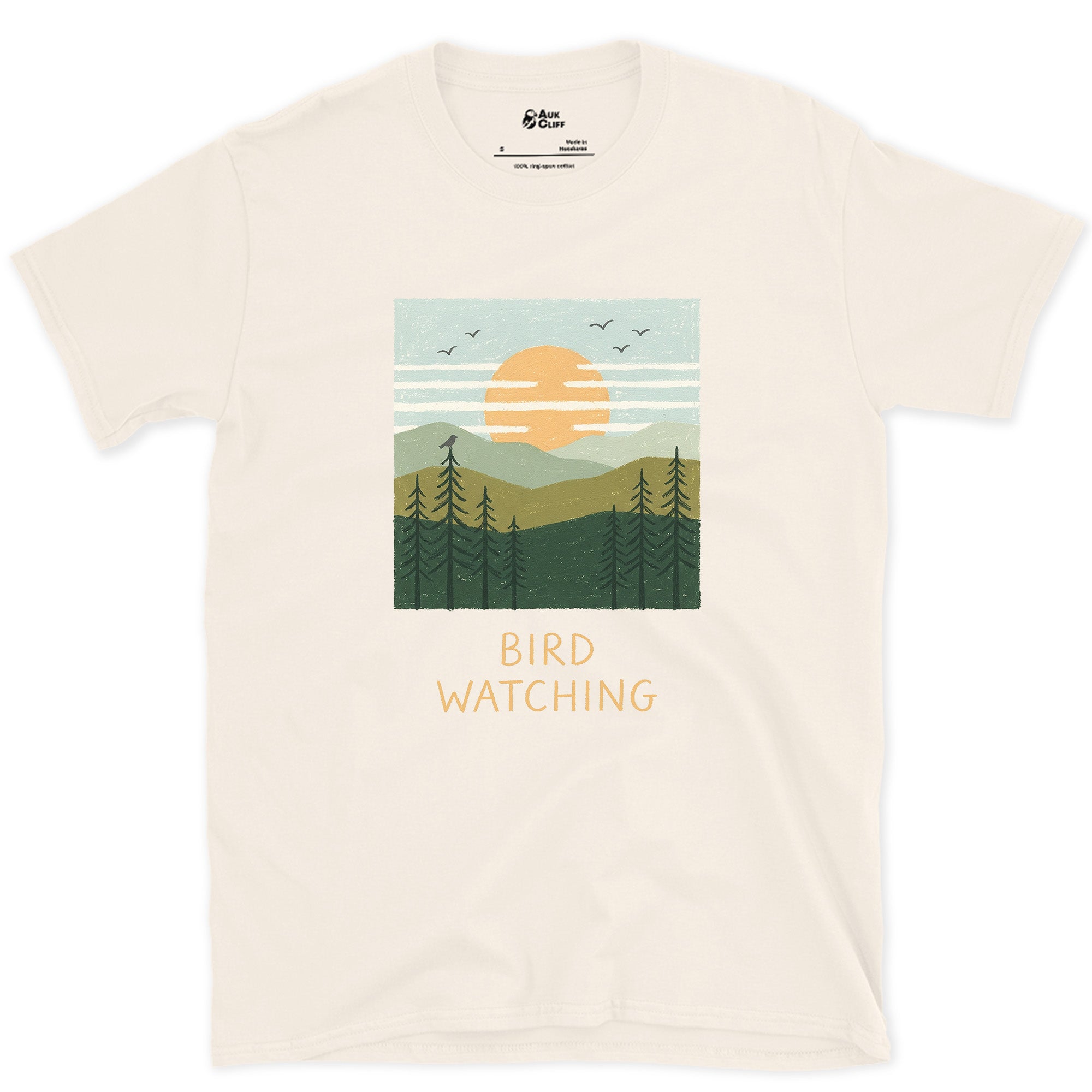 Bird Watching, Sun Over the Pines design on a Natural Gildan Softstyle t-shirt