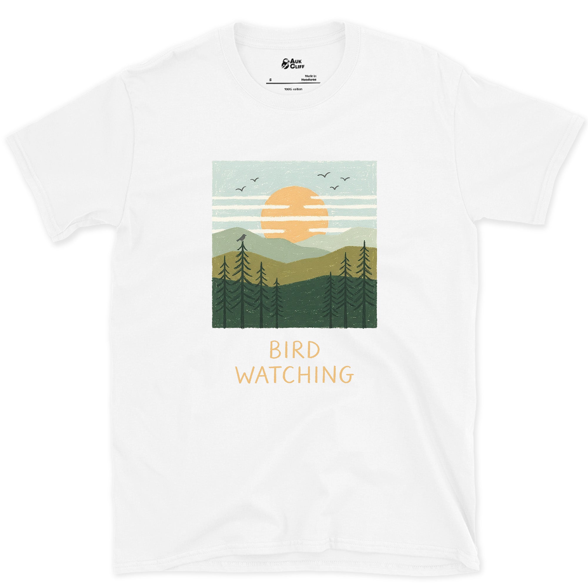 Bird Watching, Sun Over the Pines design on a White Gildan Softstyle t-shirt