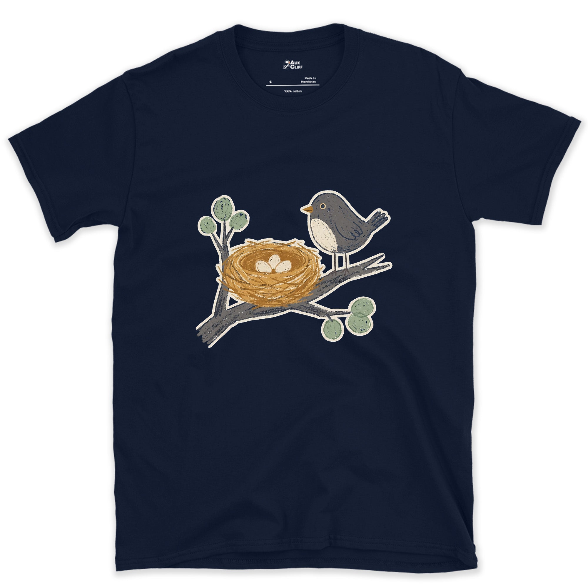 Watching Over the Nest and the World Beyond design on a Navy Gildan Softstyle t-shirt