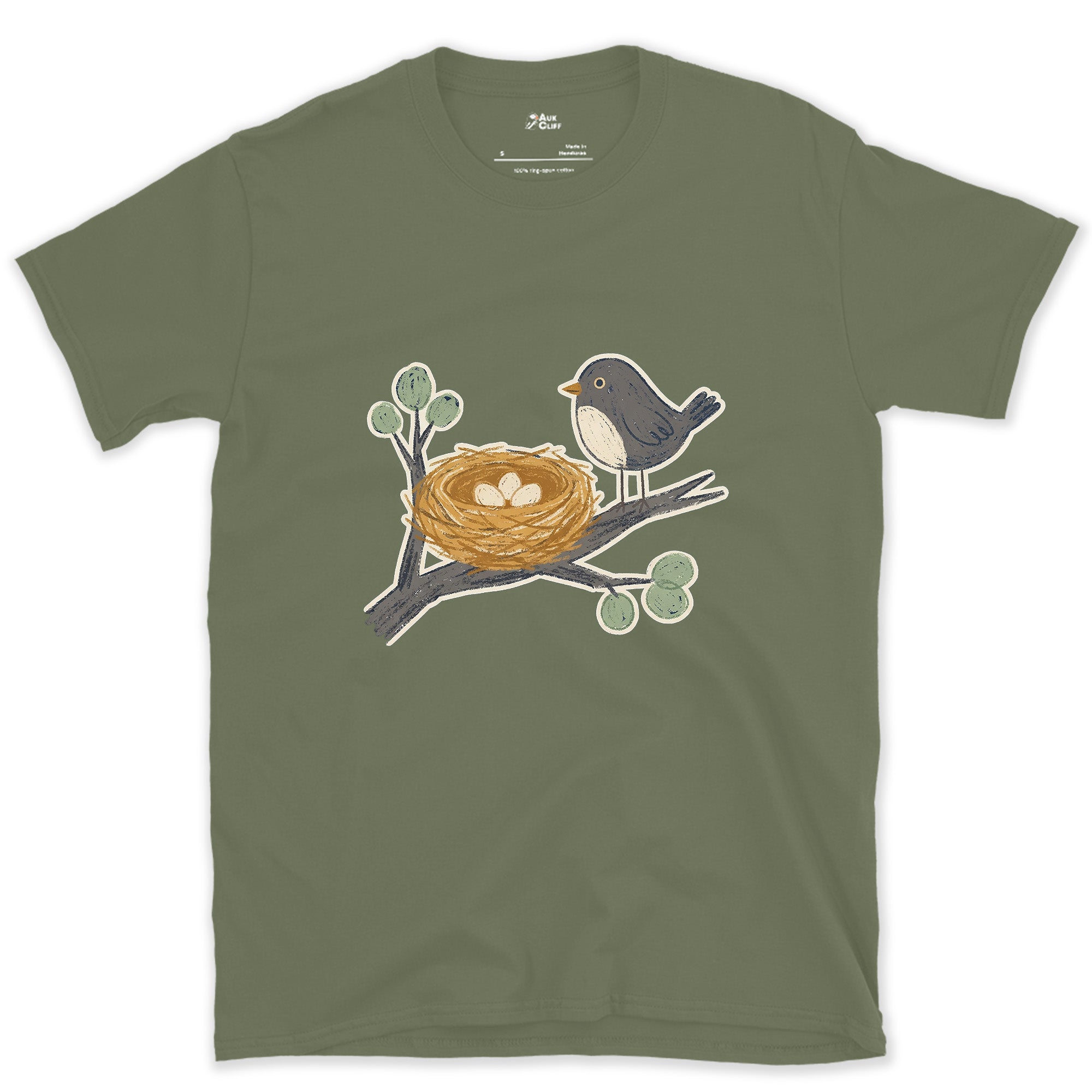 Watching Over the Nest and the World Beyond design on a Military Green Gildan Softstyle t-shirt