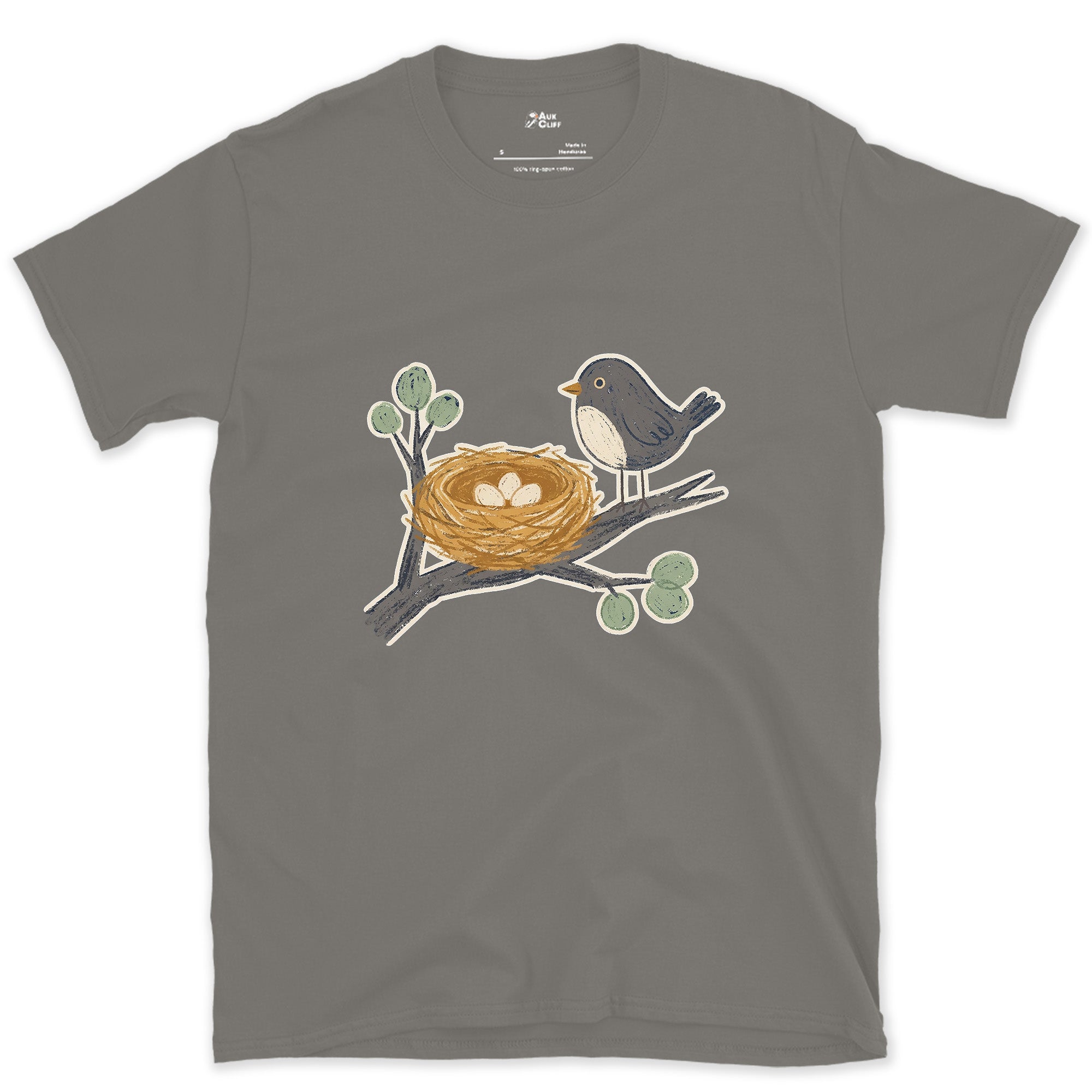 Watching Over the Nest and the World Beyond design on a Charcoal Gildan Softstyle t-shirt