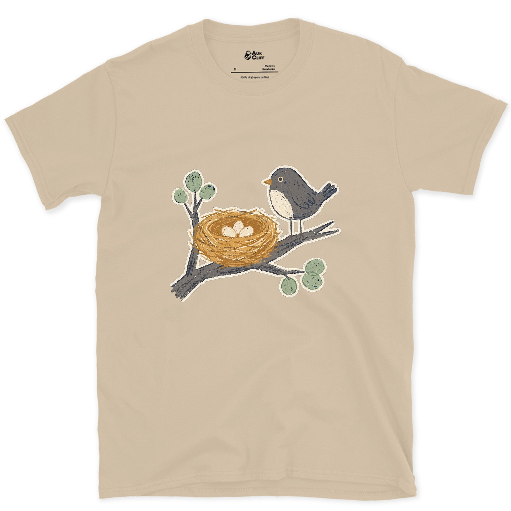 Watching Over the Nest and the World Beyond design on a Sand Gildan Softstyle t-shirt