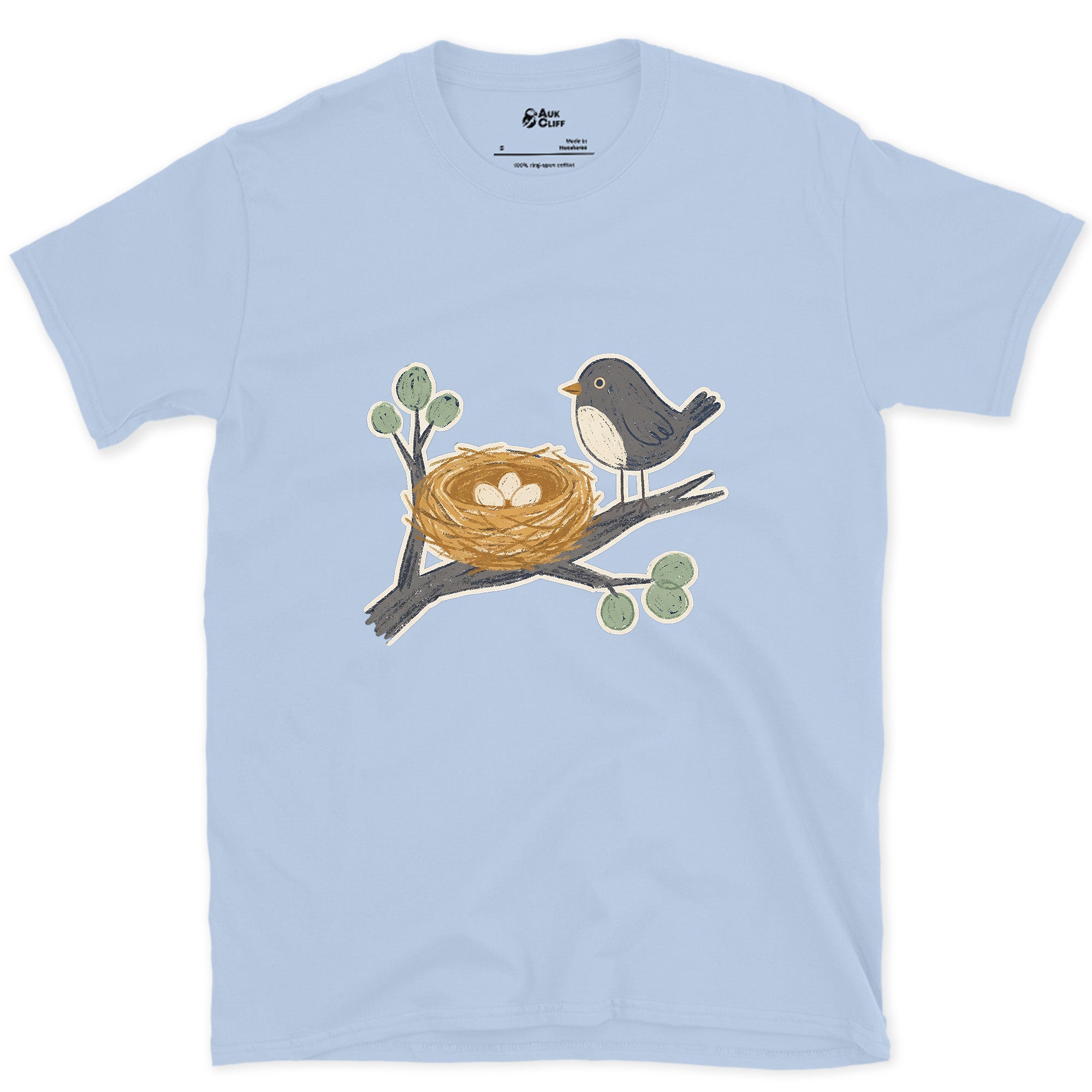 Watching Over the Nest and the World Beyond design on a Light Blue Gildan Softstyle t-shirt