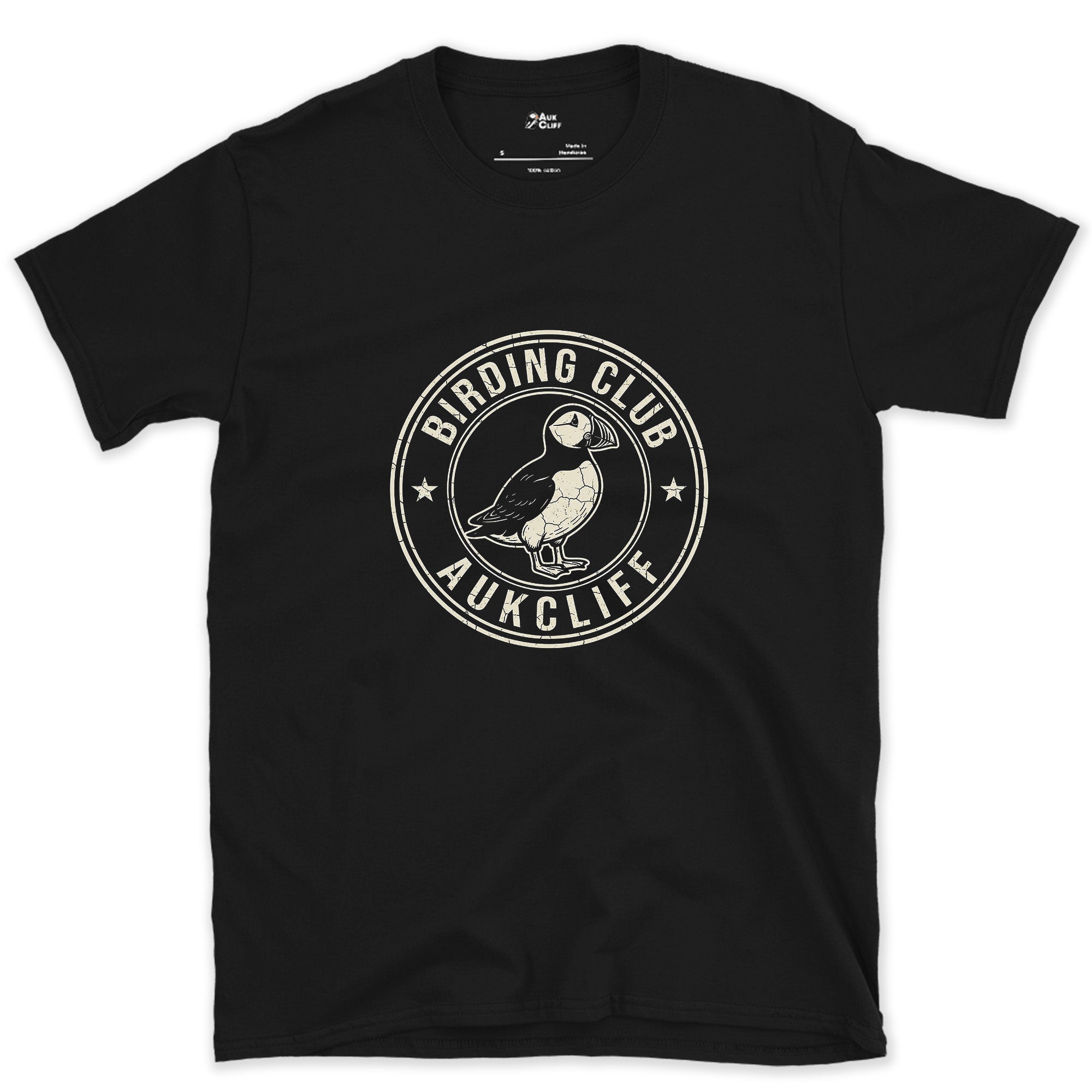 A Weathered Birding Club Crest With a Puffin design on a Black Gildan Softstyle t-shirt