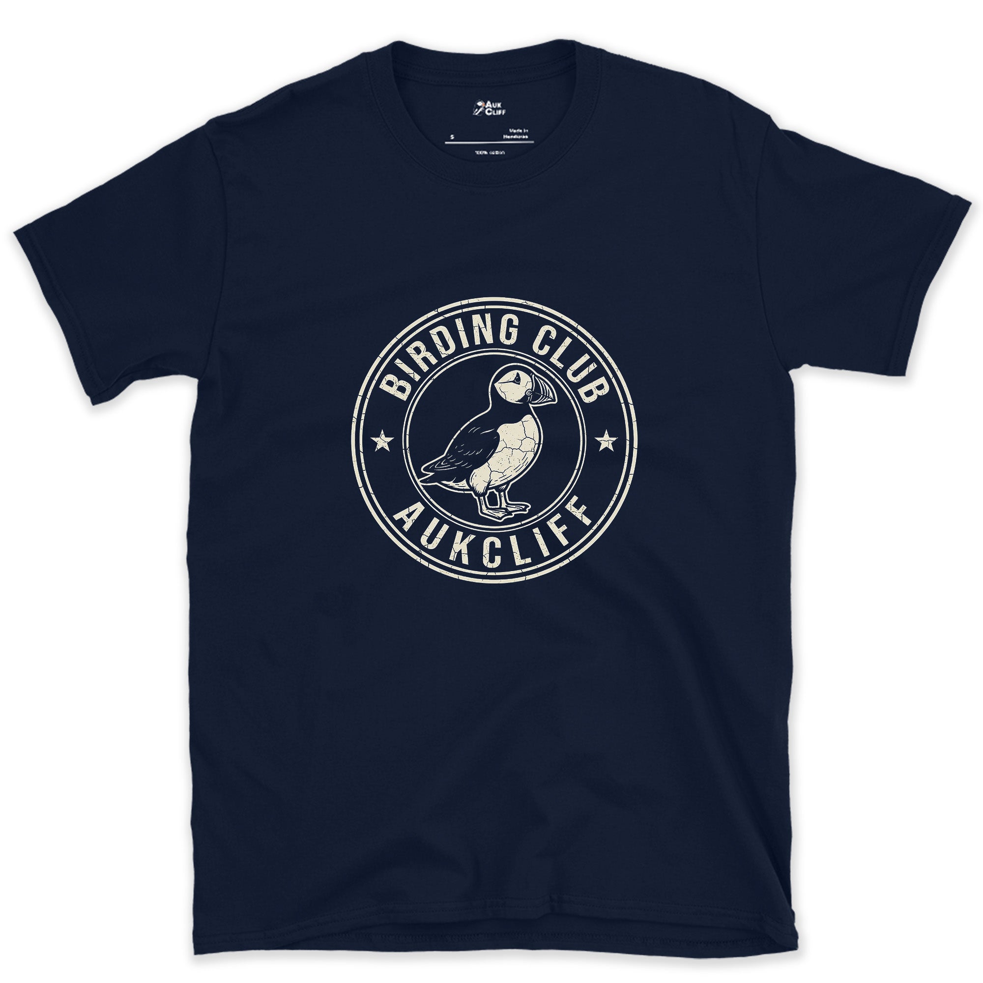 A Weathered Birding Club Crest With a Puffin design on a Navy Gildan Softstyle t-shirt