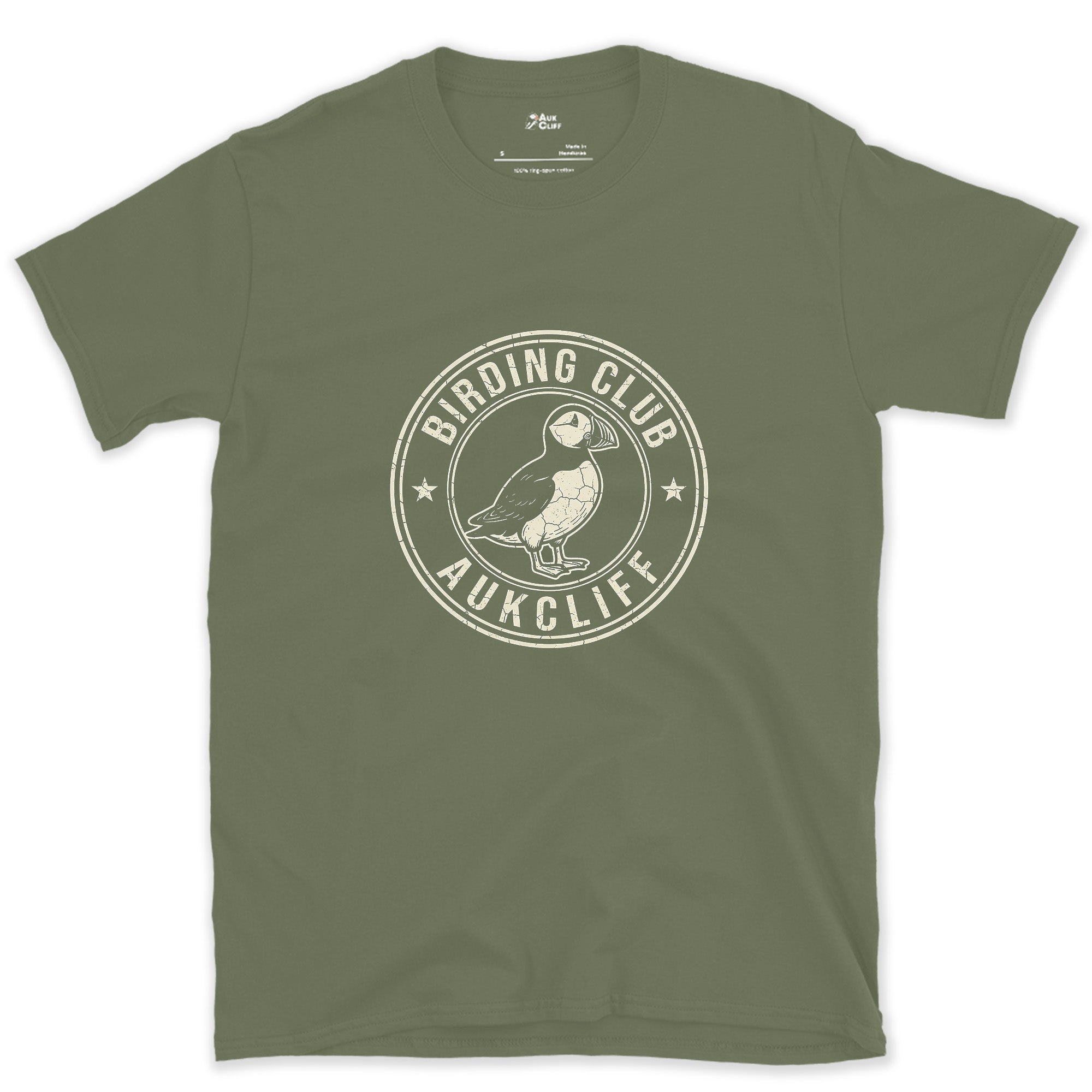 A Weathered Birding Club Crest With a Puffin design on a Military Green Gildan Softstyle t-shirt