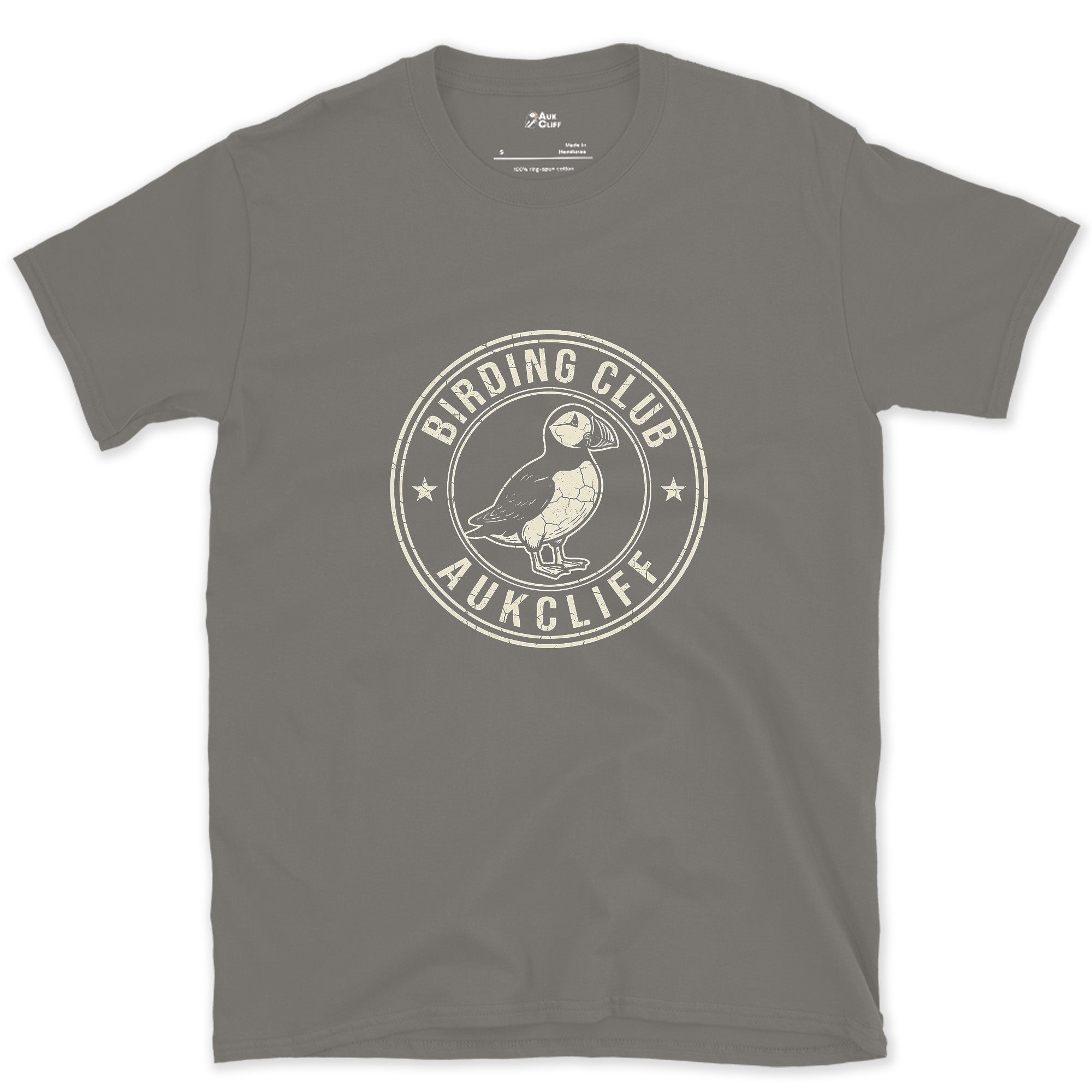 A Weathered Birding Club Crest With a Puffin design on a Charcoal Gildan Softstyle t-shirt