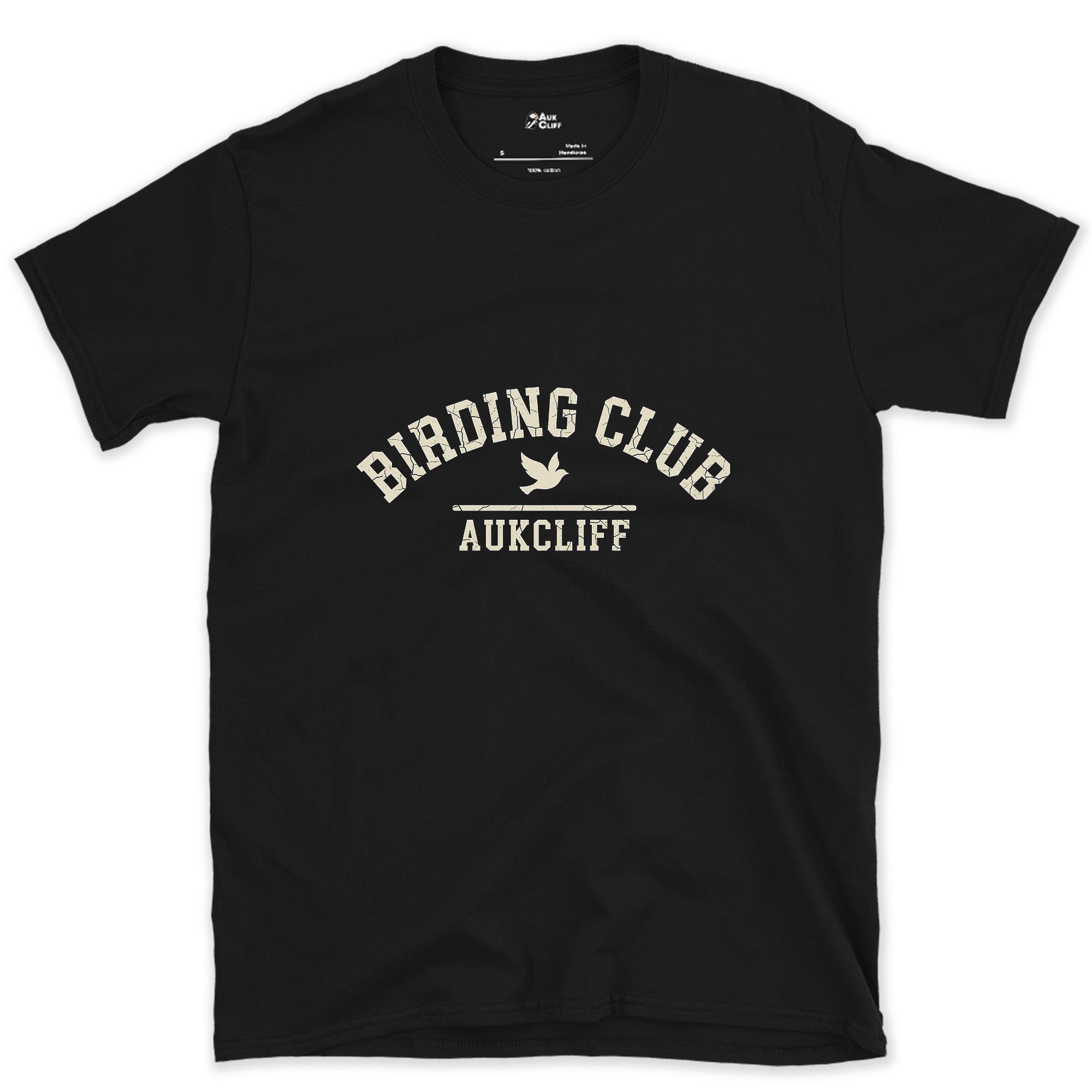 Birding Club Arch Badge design on a Black Gildan Softstyle t-shirt