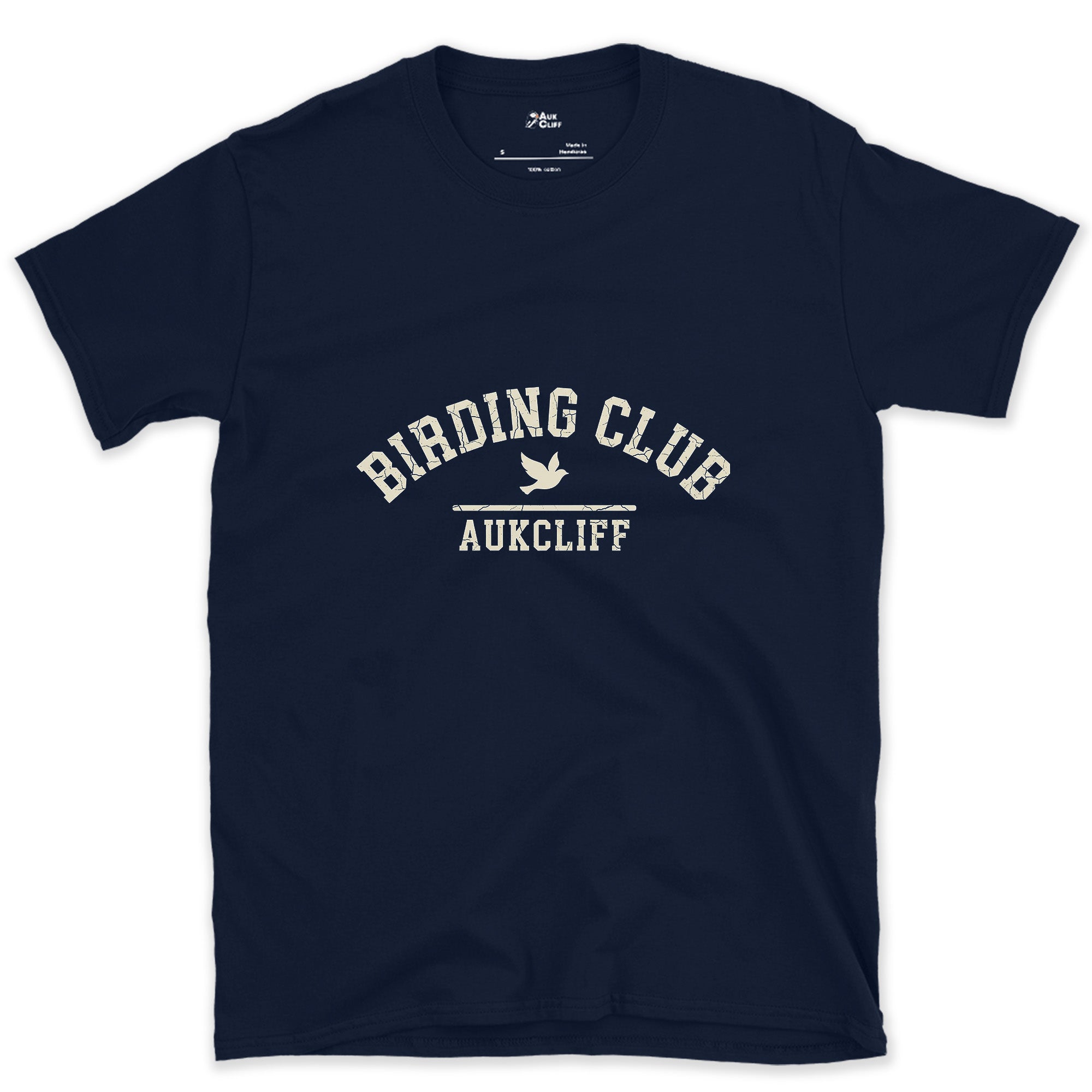 Birding Club Arch Badge design on a Navy Gildan Softstyle t-shirt