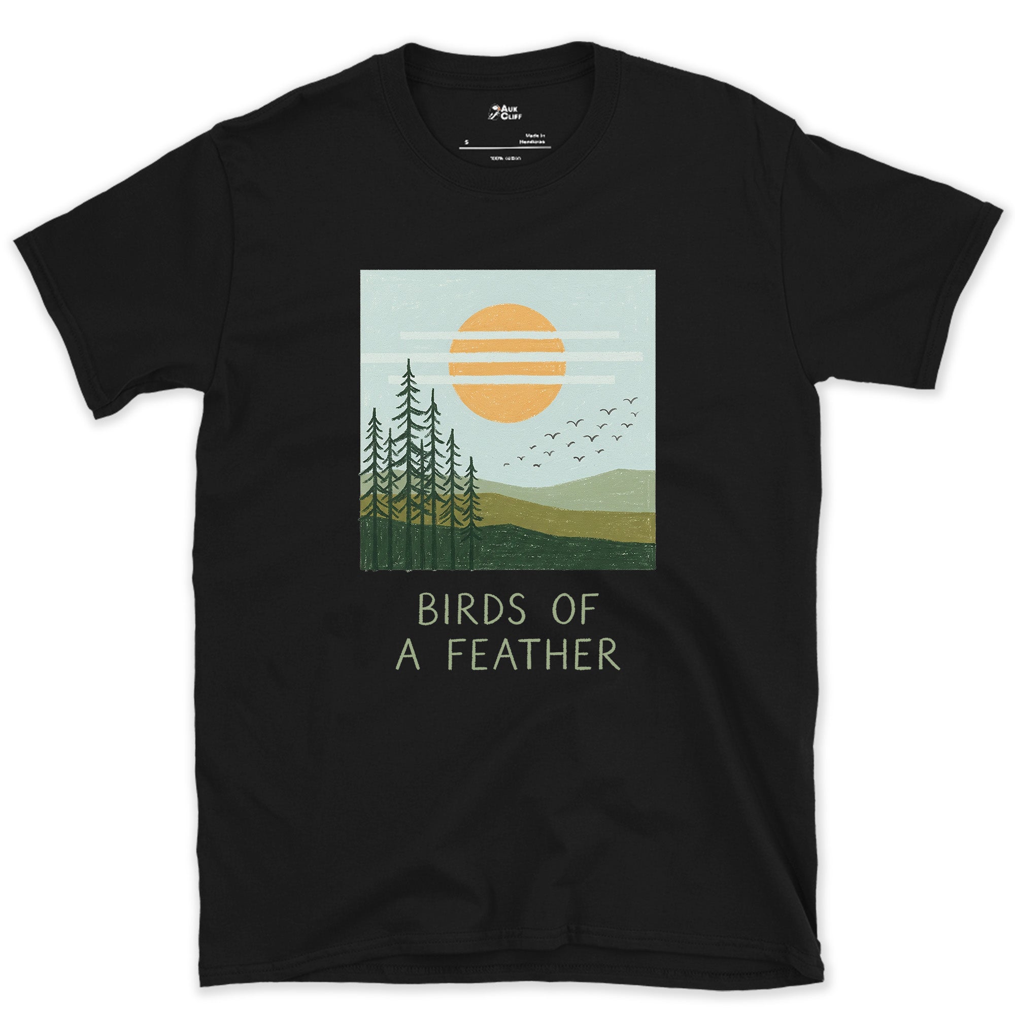 Birds of a Feather, Flock Over the Pines design on a Black Gildan Softstyle t-shirt