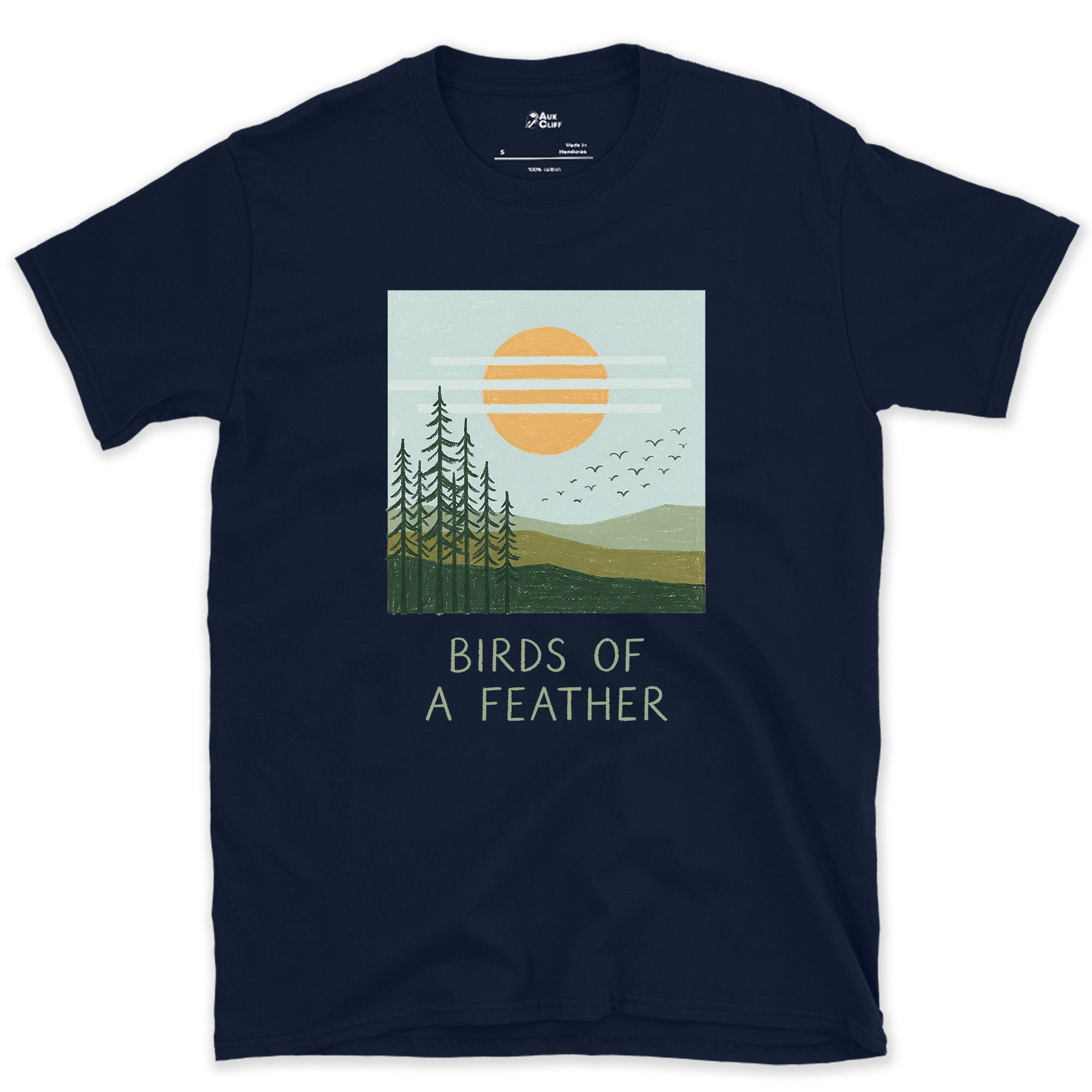 Birds of a Feather, Flock Over the Pines design on a Navy Gildan Softstyle t-shirt