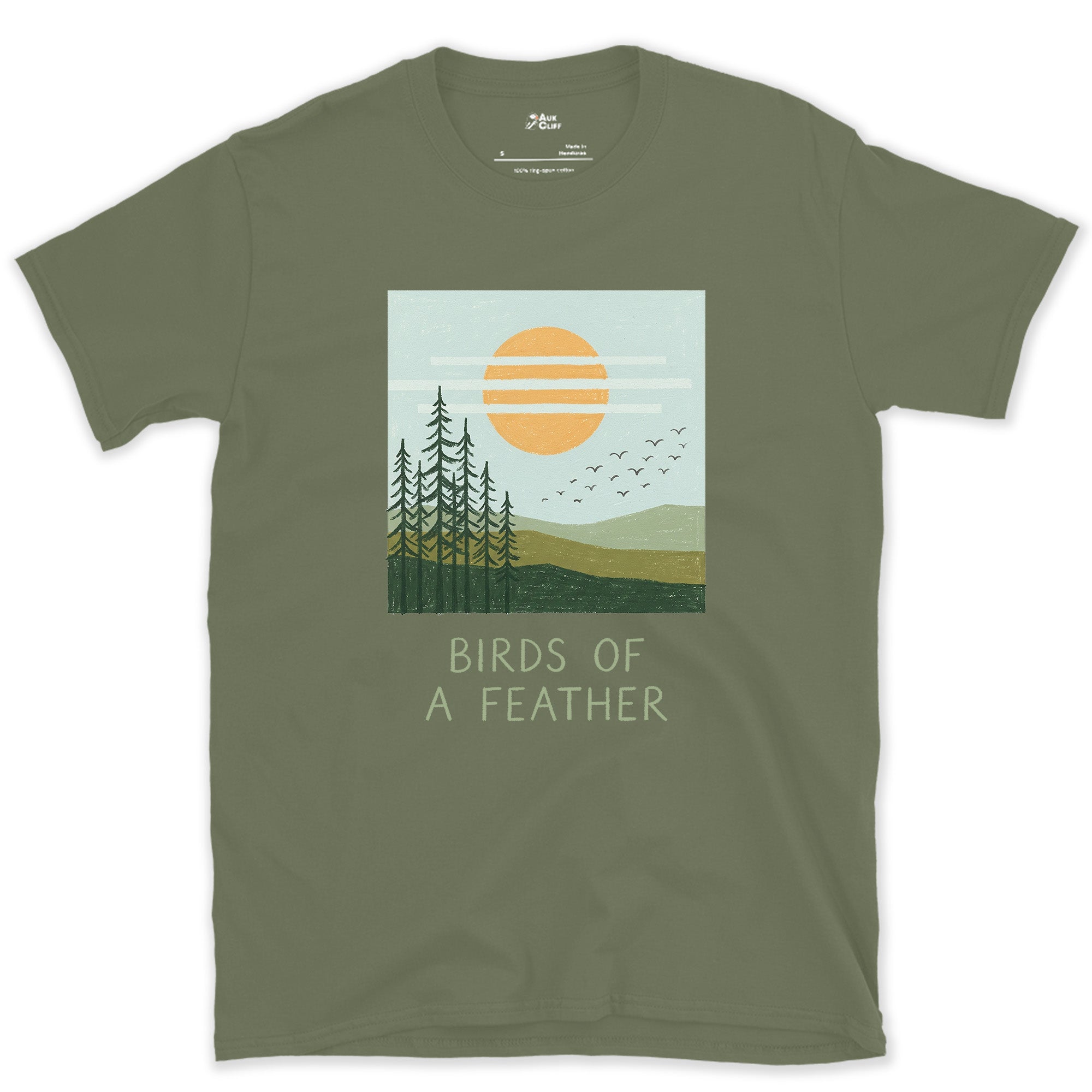 Birds of a Feather, Flock Over the Pines design on a Military Green Gildan Softstyle t-shirt
