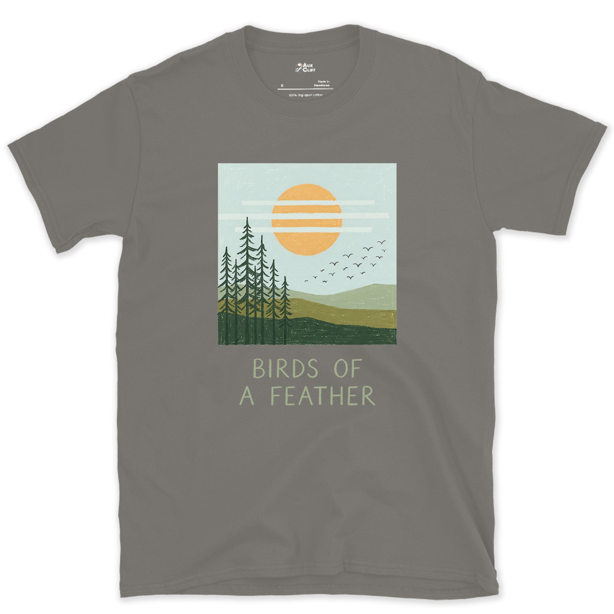 Birds of a Feather, Flock Over the Pines design on a Charcoal Gildan Softstyle t-shirt