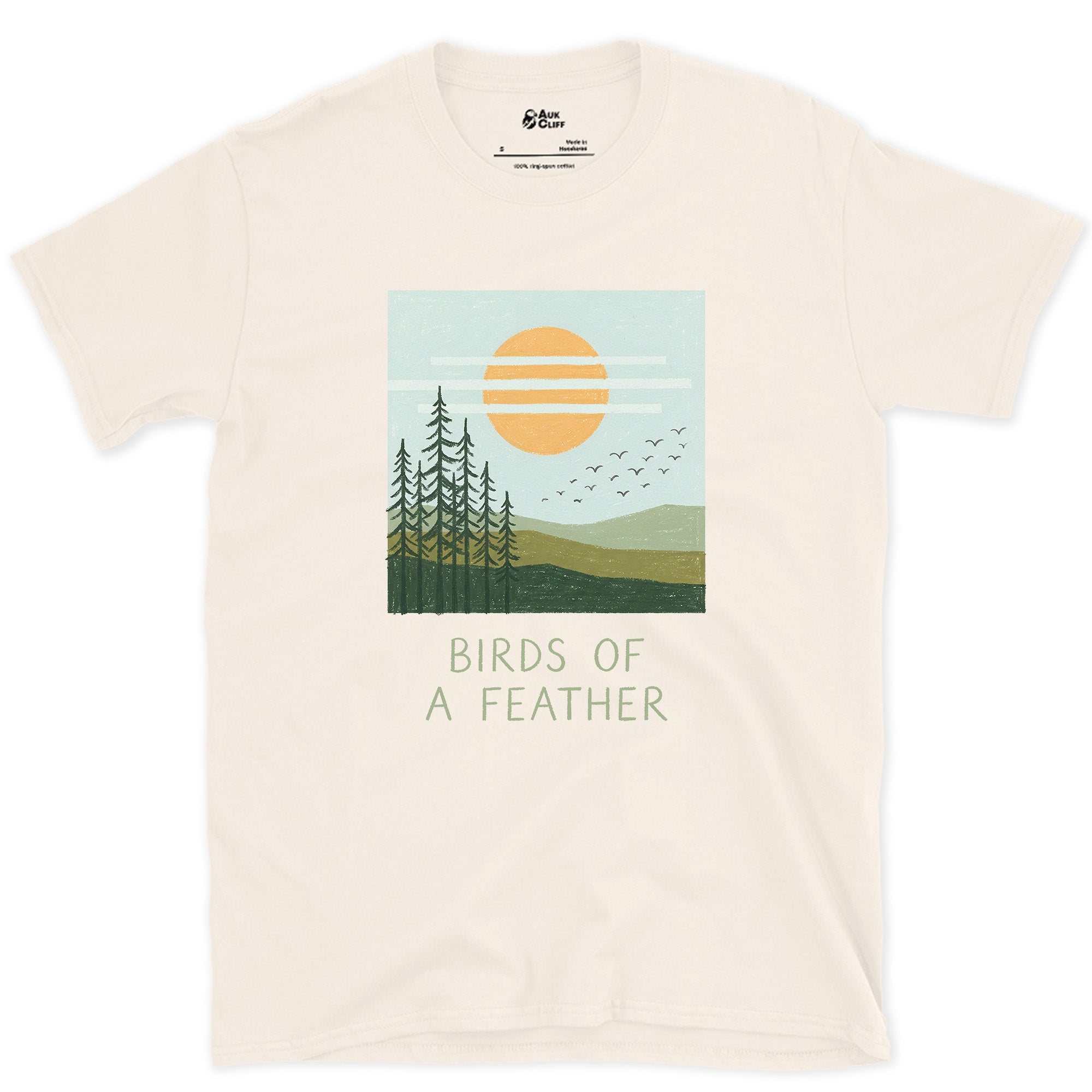 Birds of a Feather, Flock Over the Pines design on a Natural Gildan Softstyle t-shirt