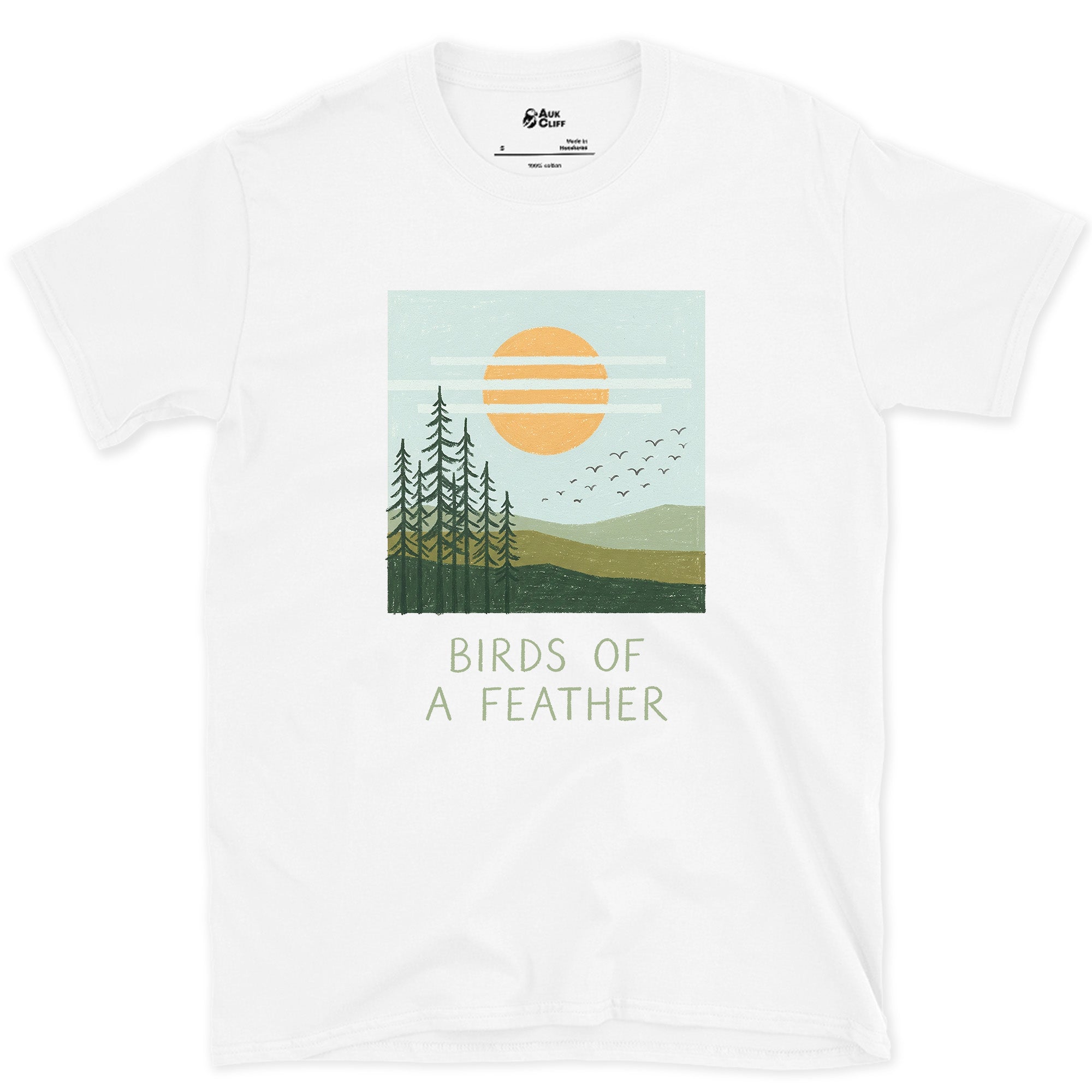 Birds of a Feather, Flock Over the Pines design on a White Gildan Softstyle t-shirt