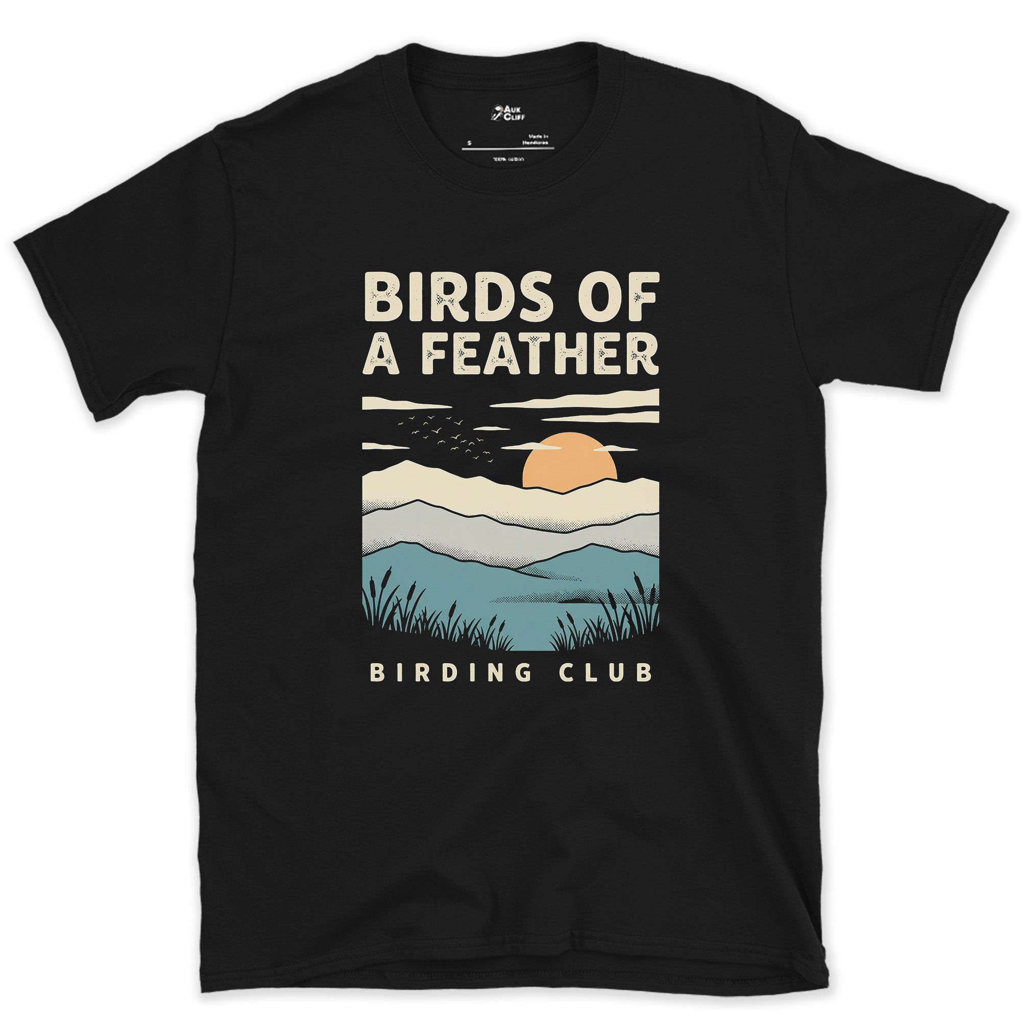 Birds of a Feather, Retro Marsh Scene design on a Black Gildan Softstyle t-shirt