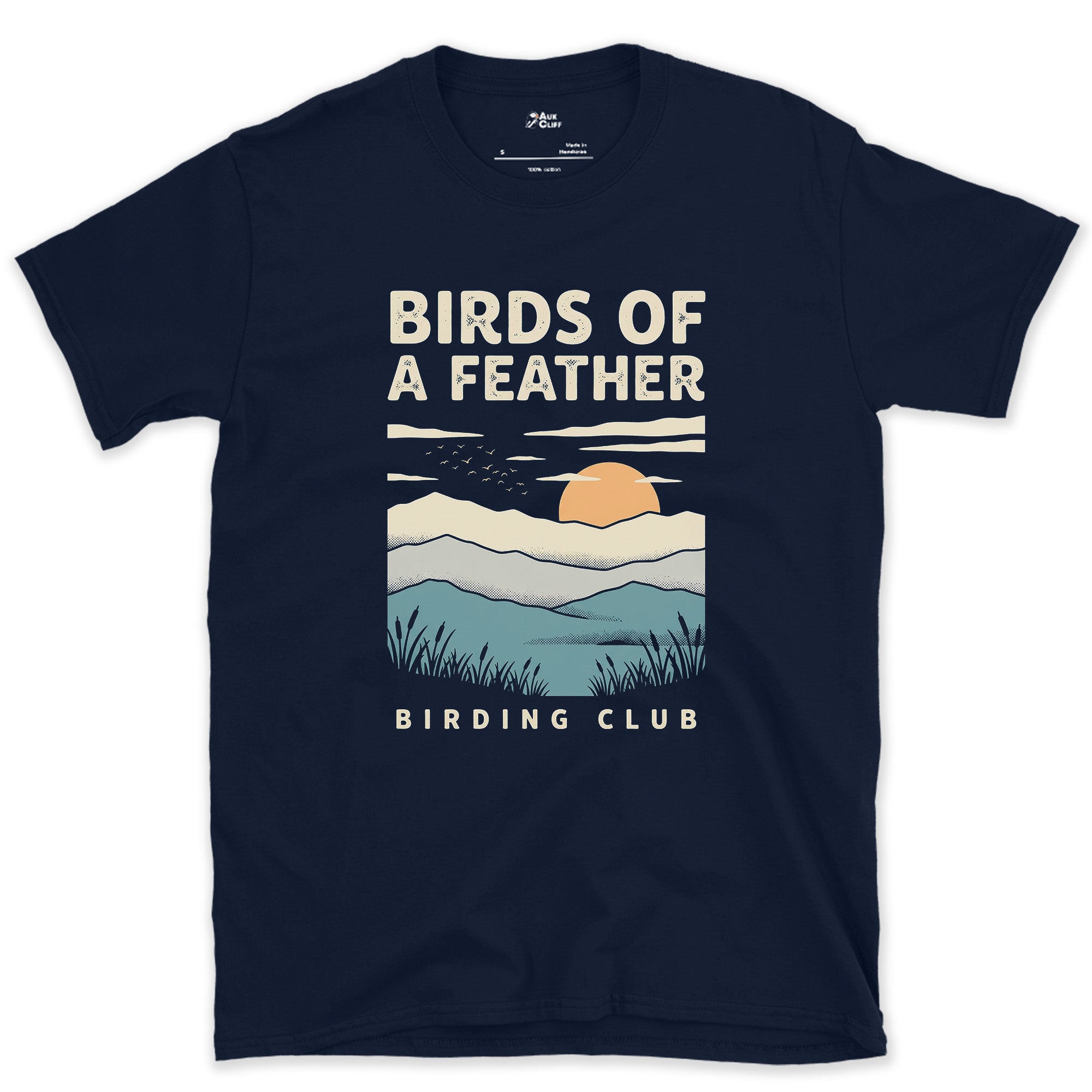 Birds of a Feather, Retro Marsh Scene design on a Navy Gildan Softstyle t-shirt