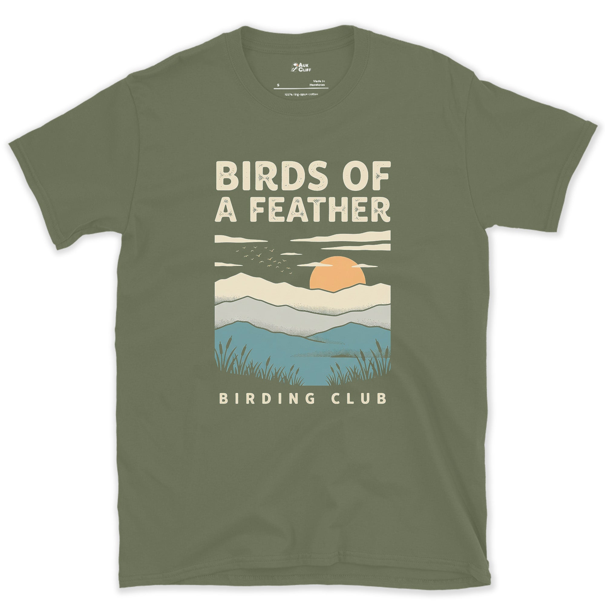 Birds of a Feather, Retro Marsh Scene design on a Military Green Gildan Softstyle t-shirt
