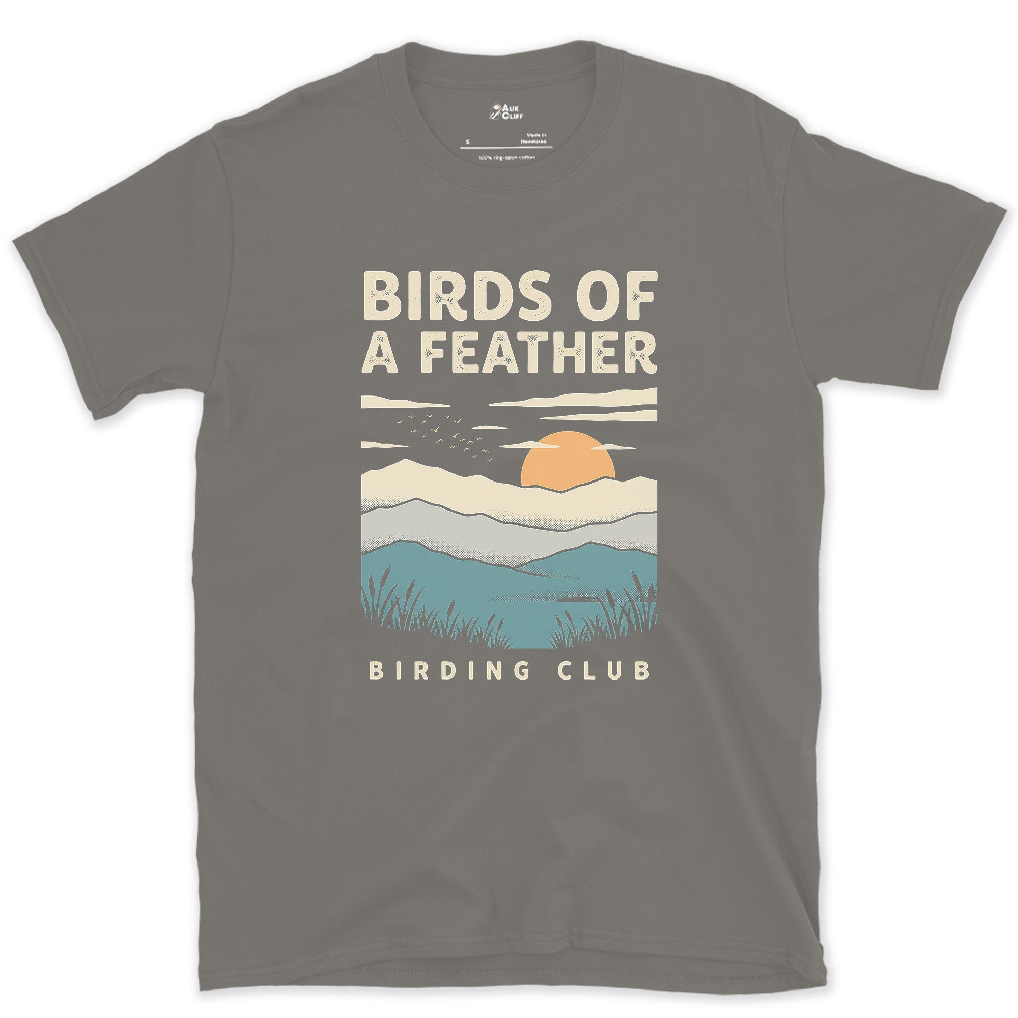 Birds of a Feather, Retro Marsh Scene design on a Charcoal Gildan Softstyle t-shirt