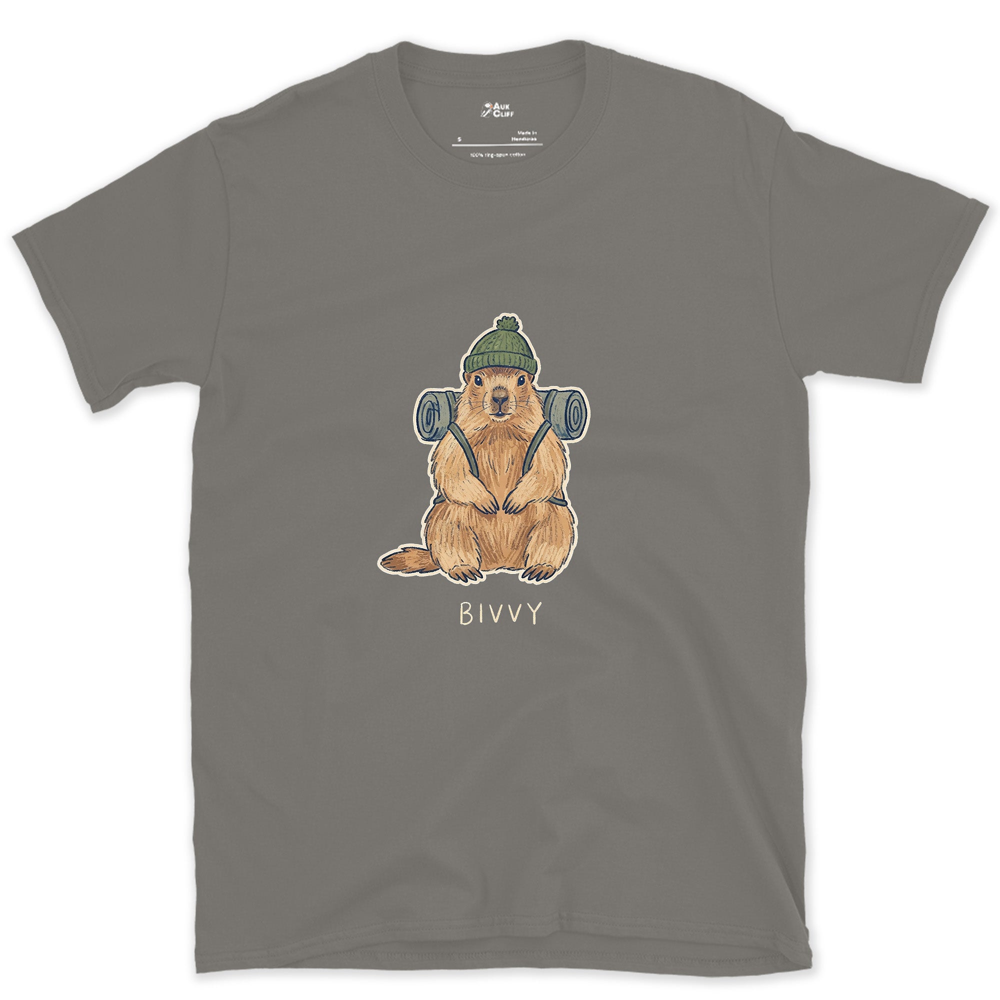 Bivvy, Marmot With a Bivy Sack design on a Charcoal Gildan Softstyle t-shirt