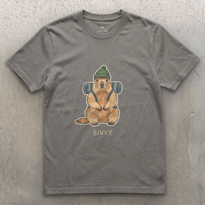 Bivvy, Marmot With a Bivy Sack design on a Charcoal Gildan Softstyle t-shirt