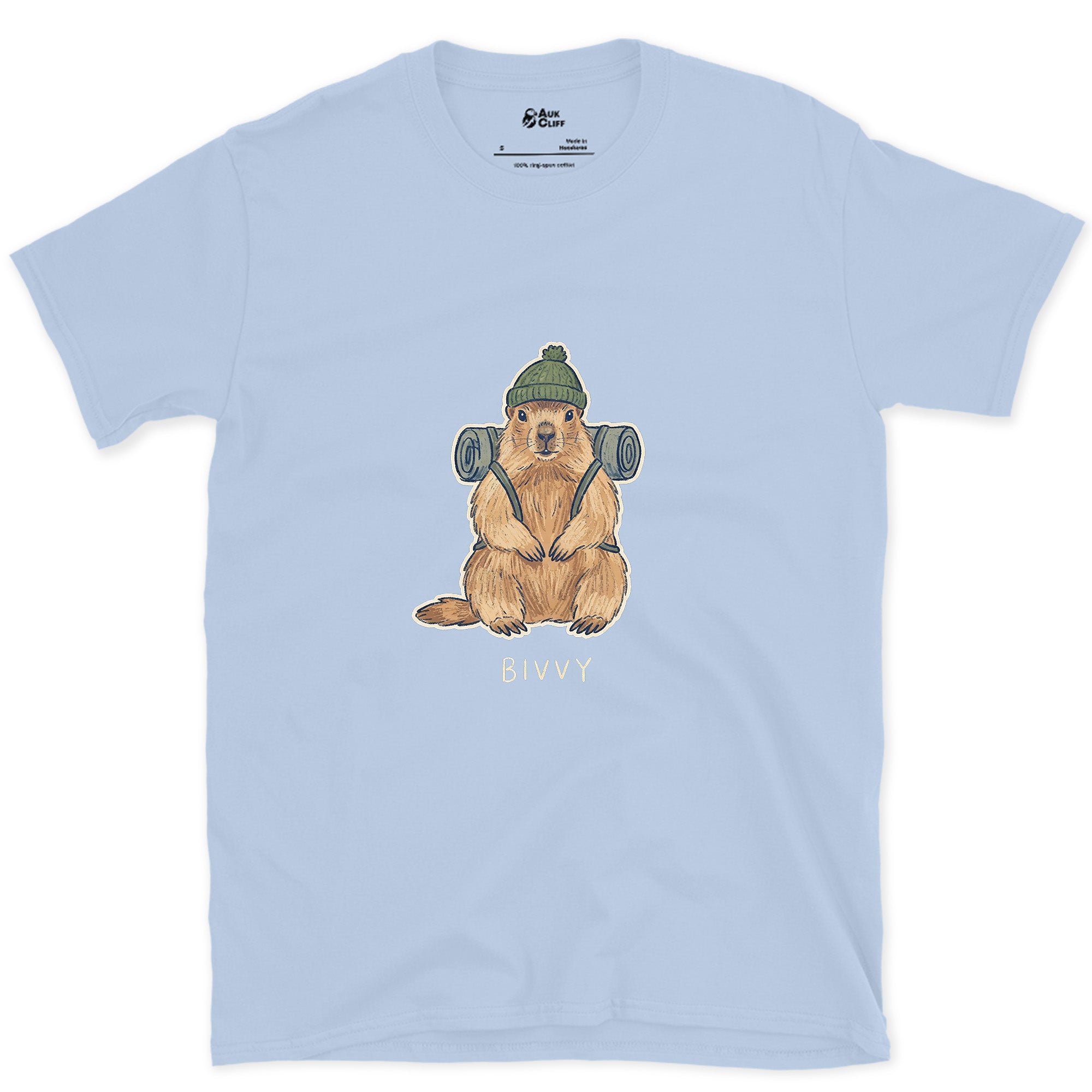 Bivvy, Marmot With a Bivy Sack design on a Light Blue Gildan Softstyle t-shirt