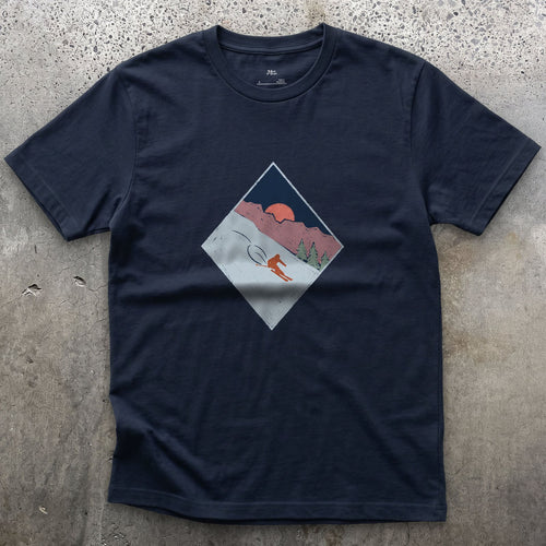 One Last Run as the Light Fades, Black Diamond design on a Navy Gildan Softstyle t-shirt