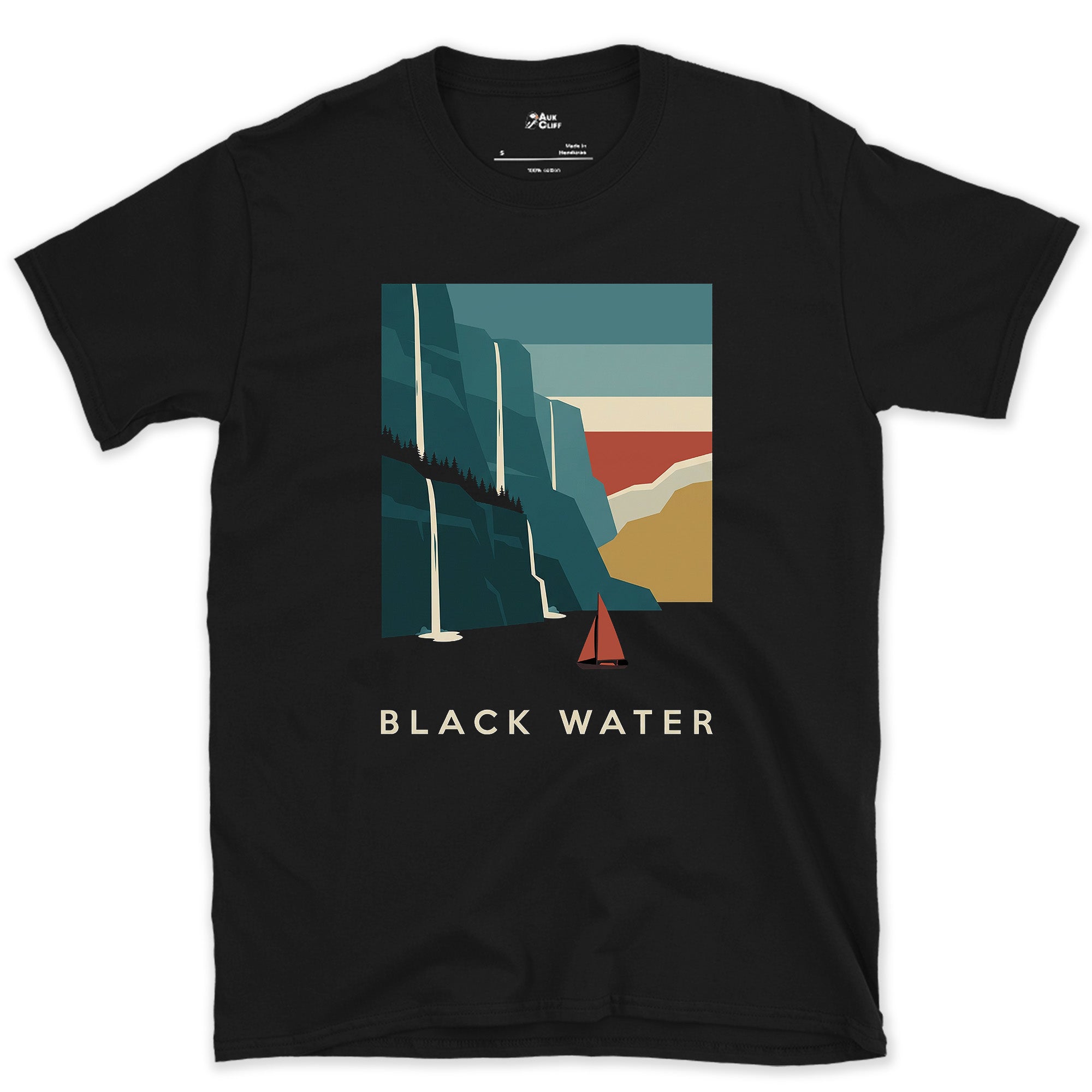 Black Water, Mountain Fjord Waterfalls design on a Black Gildan Softstyle t-shirt