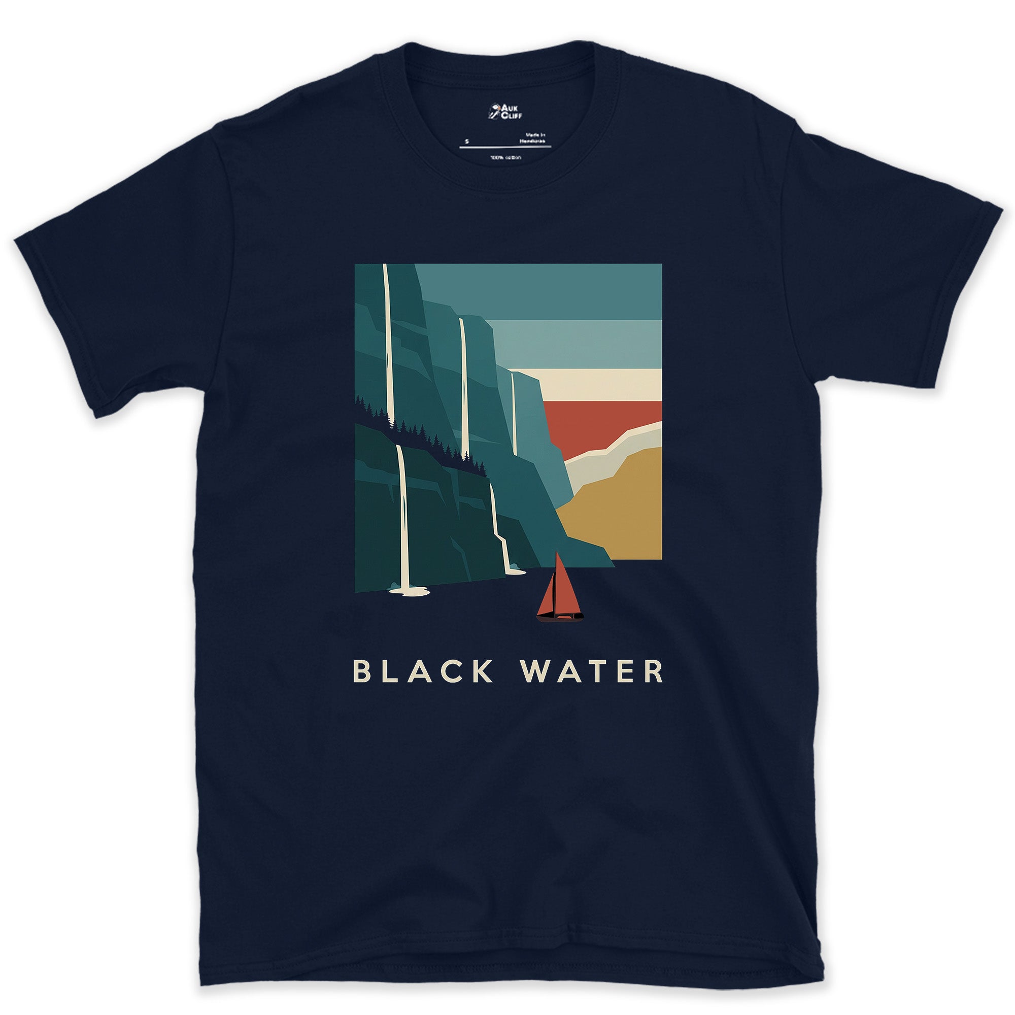 Black Water, Mountain Fjord Waterfalls design on a Navy Gildan Softstyle t-shirt
