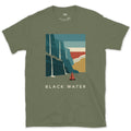 Black Water, Mountain Fjord Waterfalls design on a Military Green Gildan Softstyle t-shirt