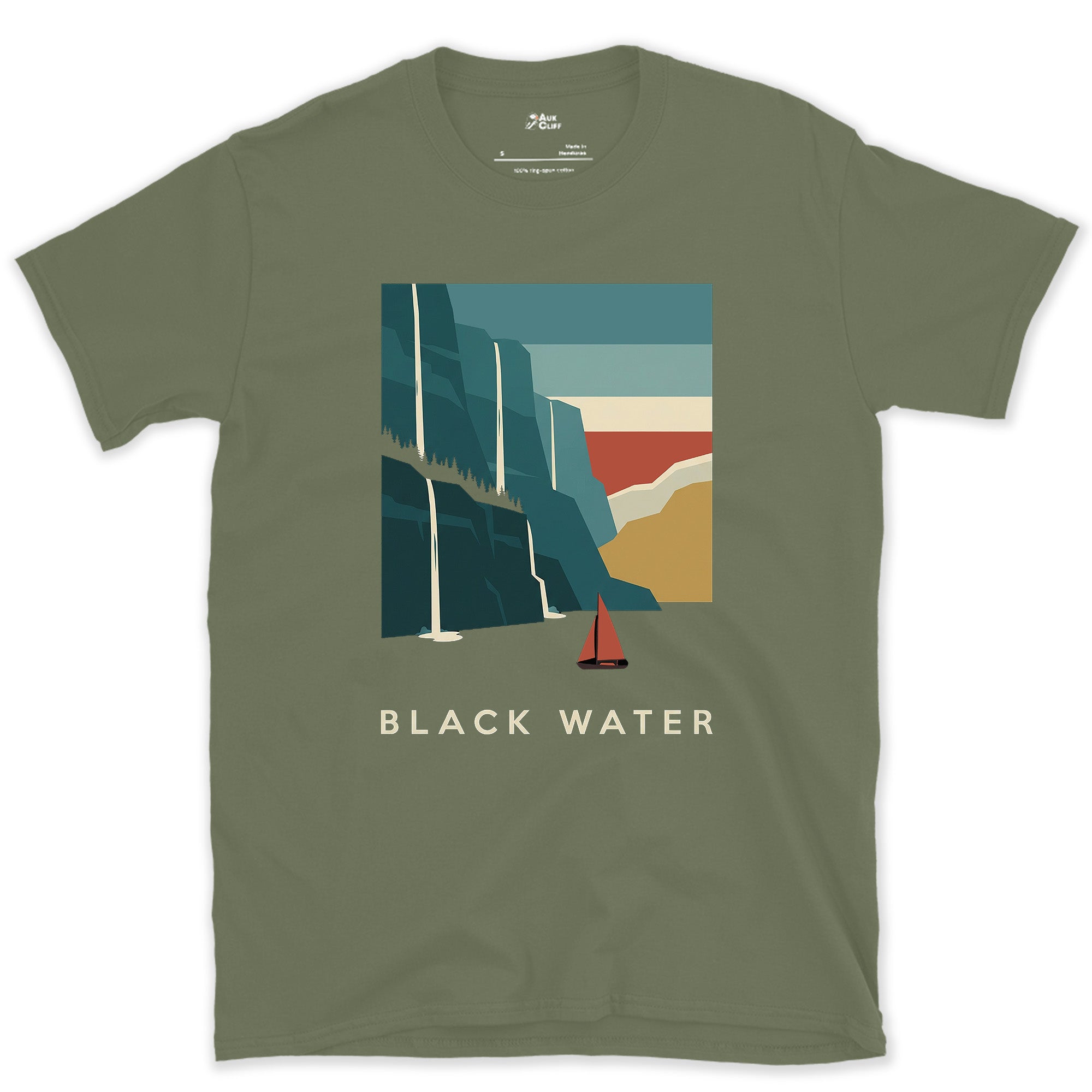 Black Water, Mountain Fjord Waterfalls design on a Military Green Gildan Softstyle t-shirt