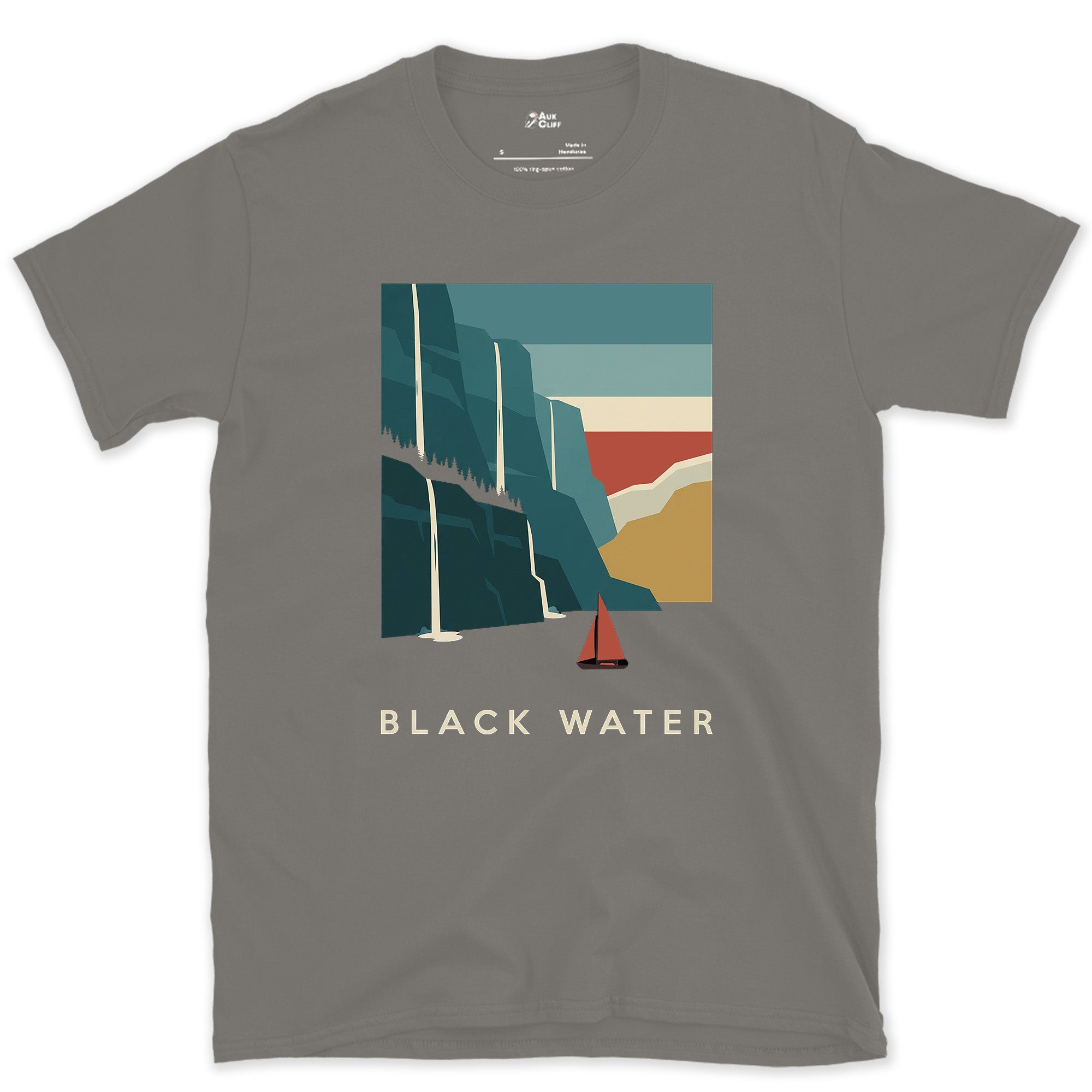 Black Water, Mountain Fjord Waterfalls design on a Charcoal Gildan Softstyle t-shirt