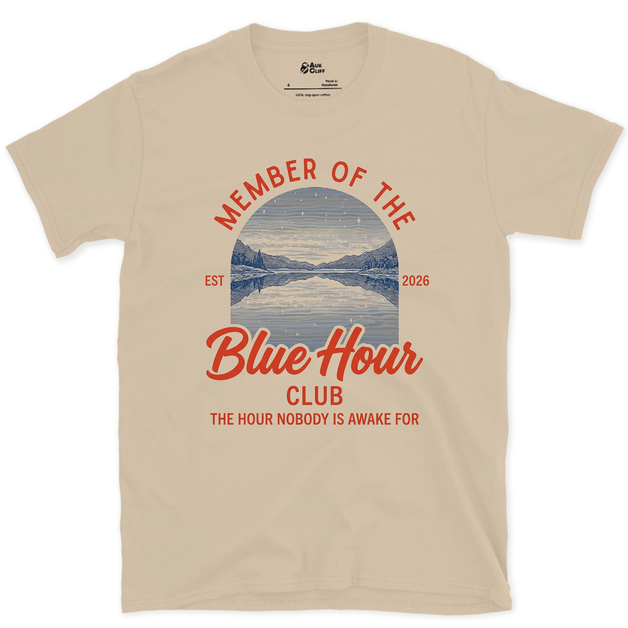 The Hour Nobody Is Awake For, Blue Hour design on a Sand Gildan Softstyle t-shirt