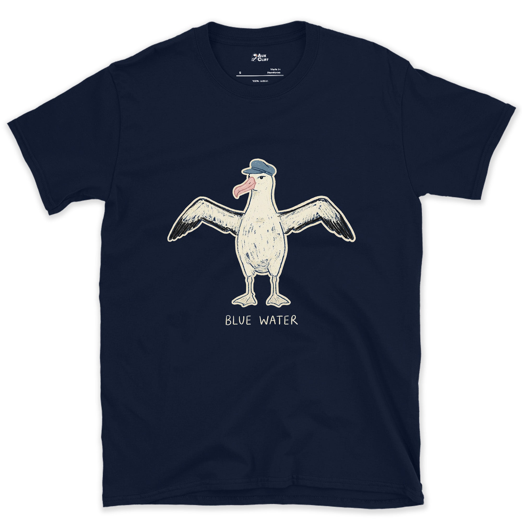 Off Duty Albatross in a Cap design on a Navy Gildan Softstyle t-shirt