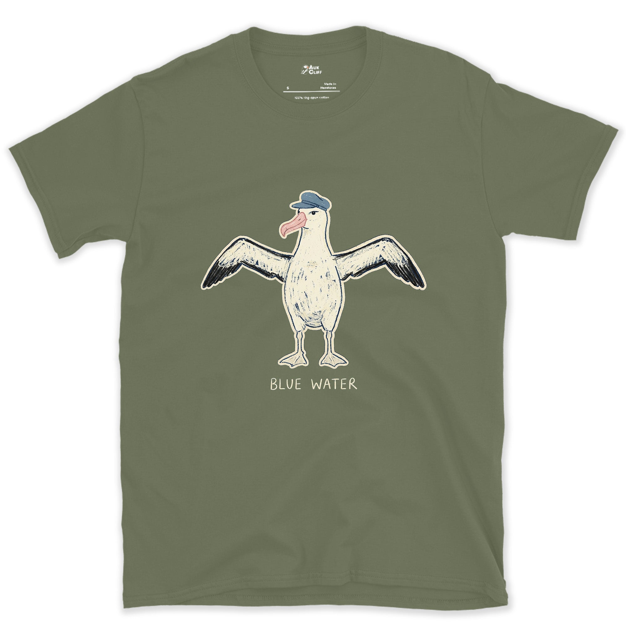 Off Duty Albatross in a Cap design on a Military Green Gildan Softstyle t-shirt
