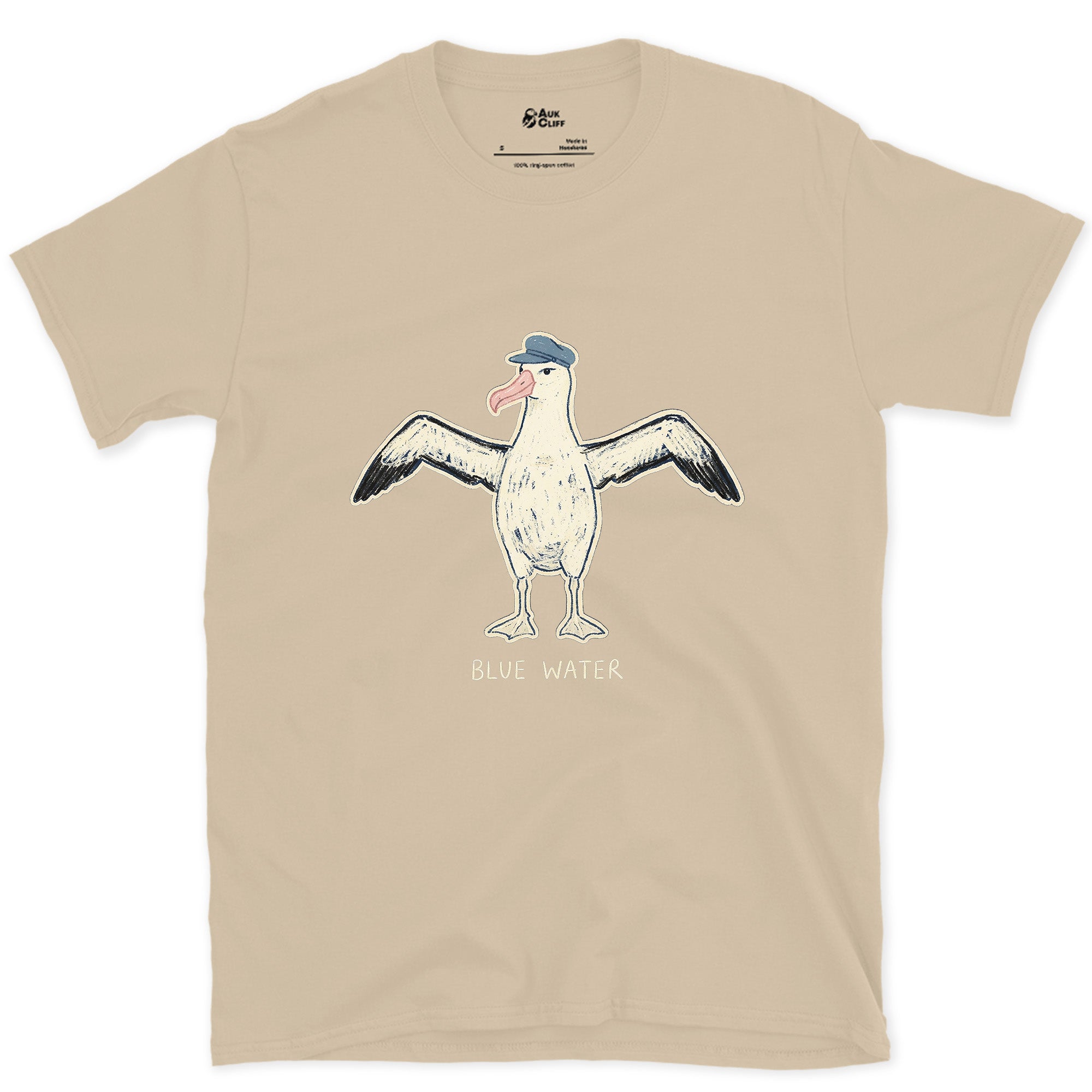 Off Duty Albatross in a Cap design on a Sand Gildan Softstyle t-shirt