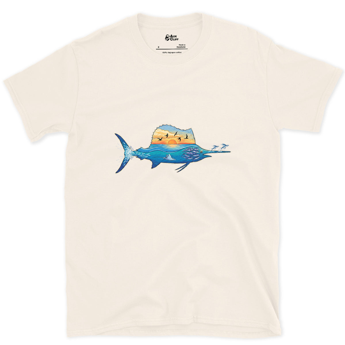 Blue Water Runs Through It, Marlin design on a Natural Gildan Softstyle t-shirt
