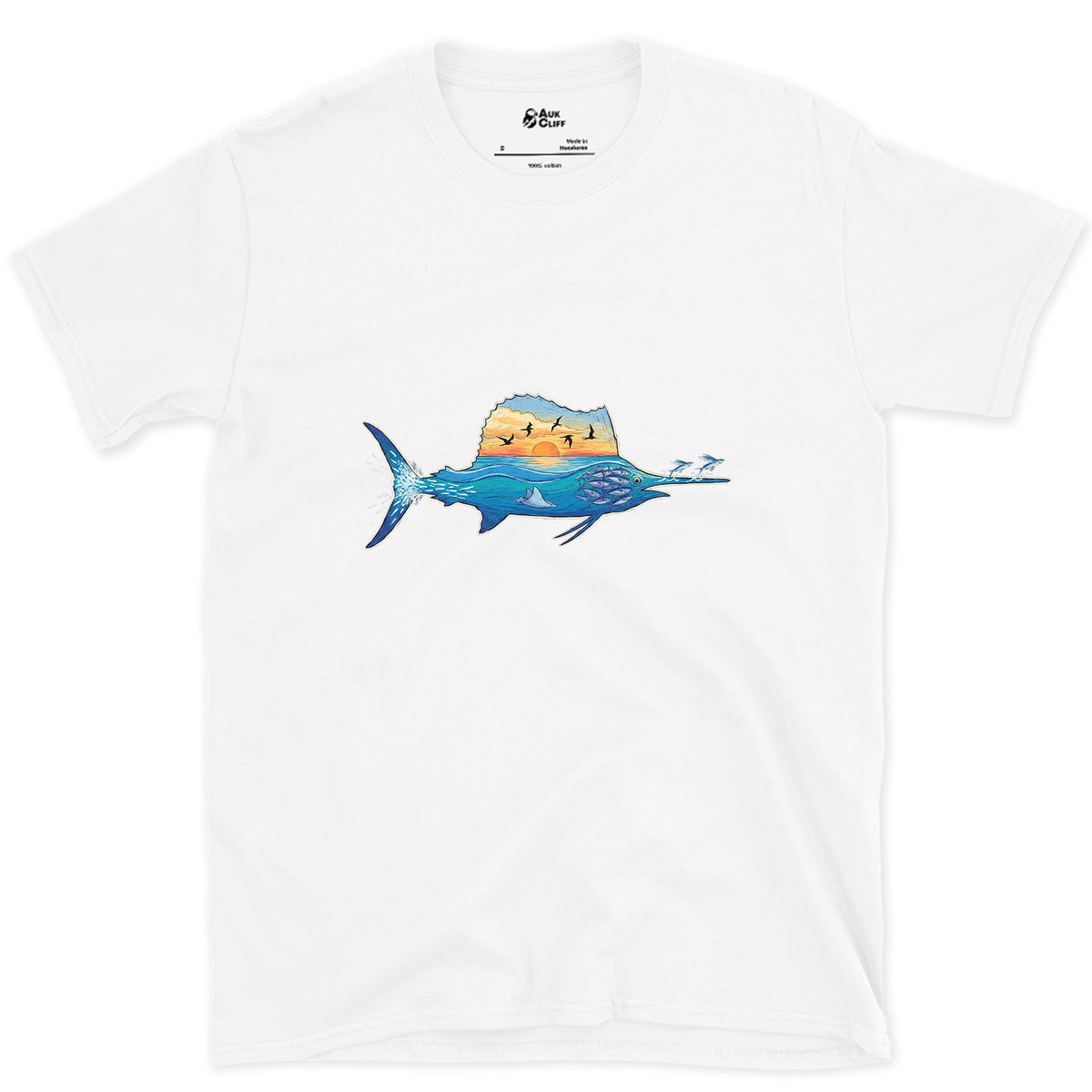 Blue Water Runs Through It, Marlin design on a White Gildan Softstyle t-shirt