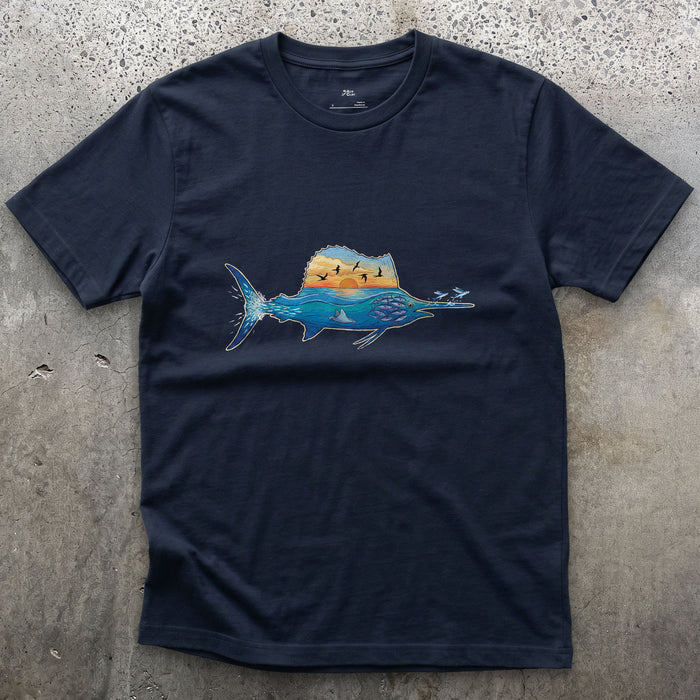 Blue Water Runs Through It, Marlin design on a Navy Gildan Softstyle t-shirt