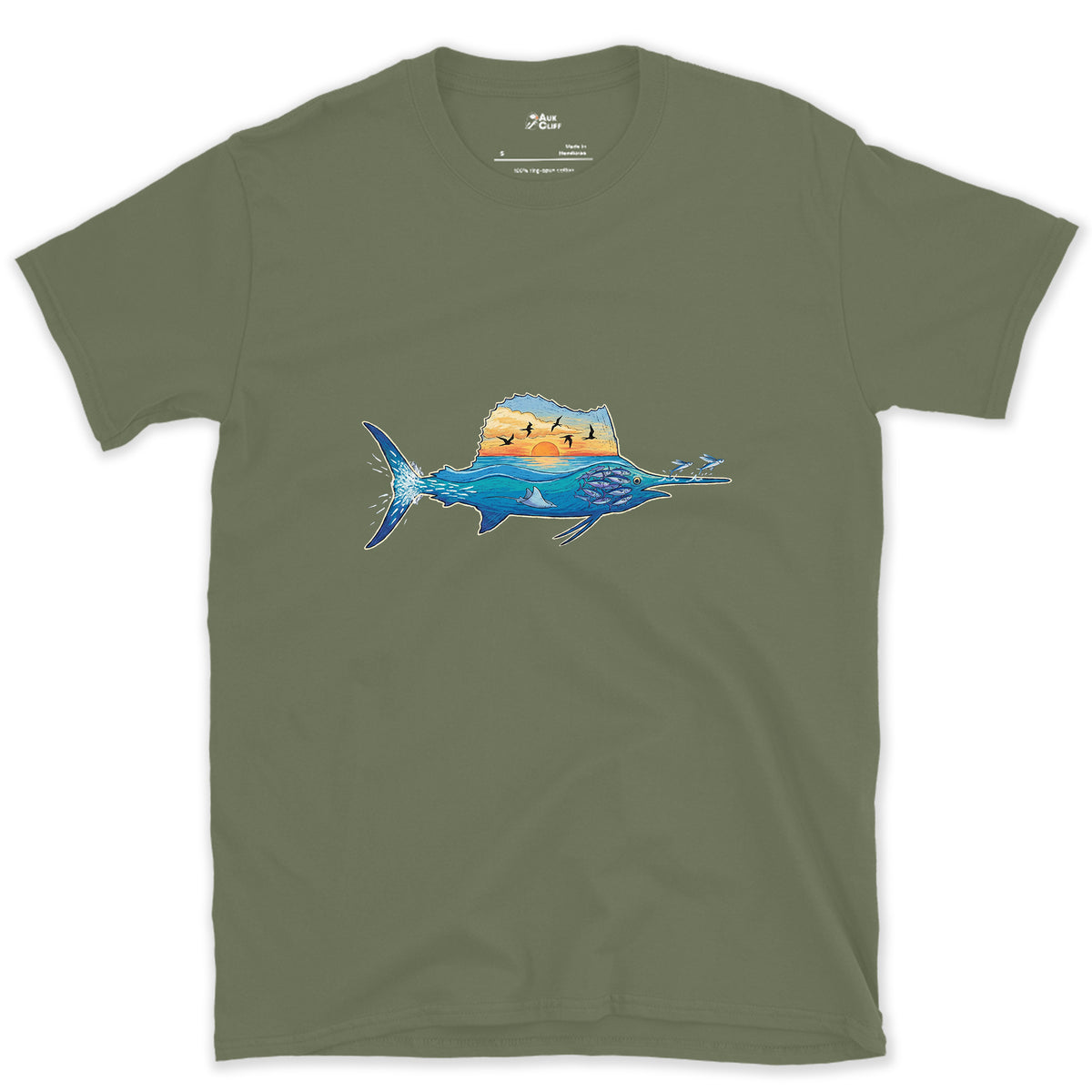 Blue Water Runs Through It, Marlin design on a Military Green Gildan Softstyle t-shirt