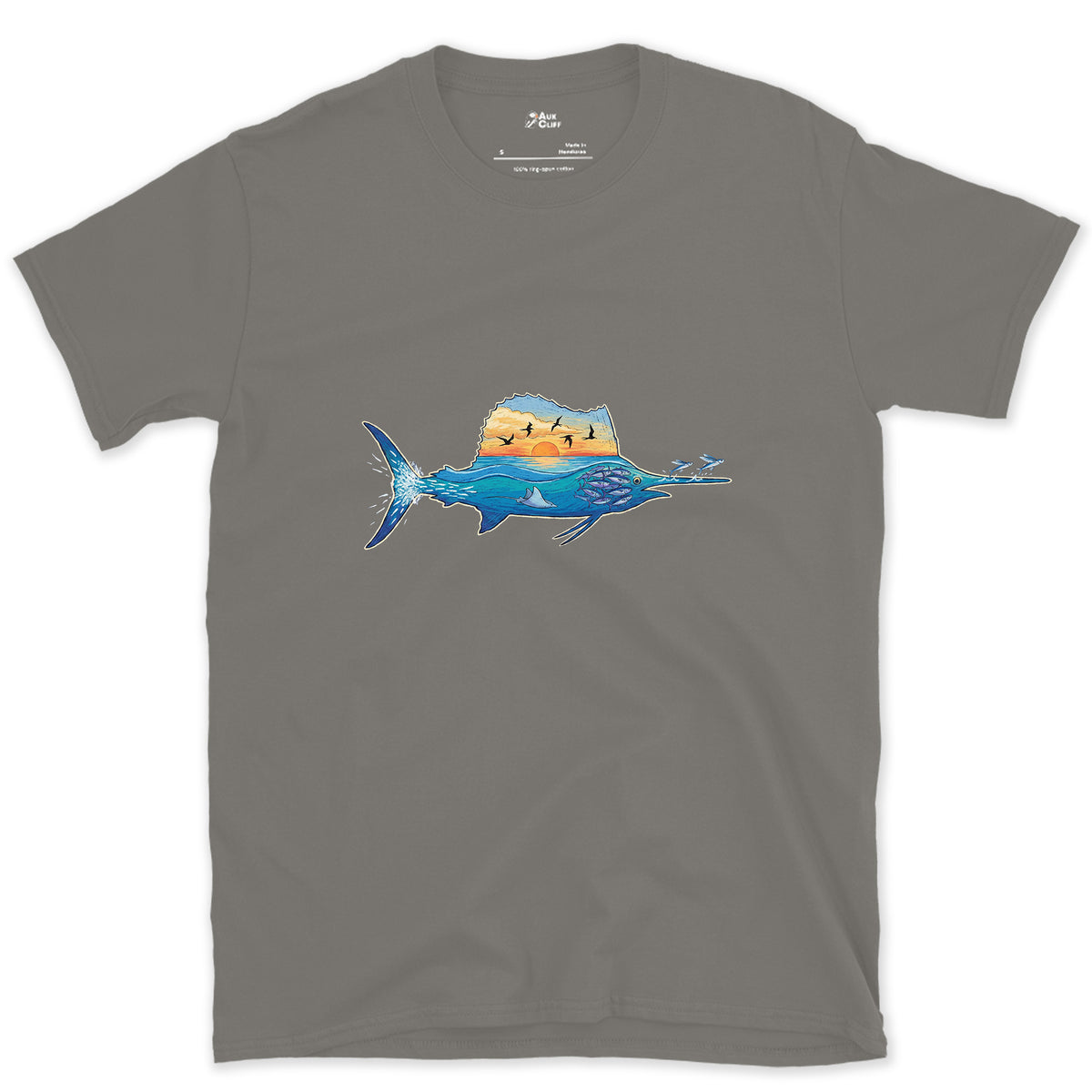 Blue Water Runs Through It, Marlin design on a Charcoal Gildan Softstyle t-shirt