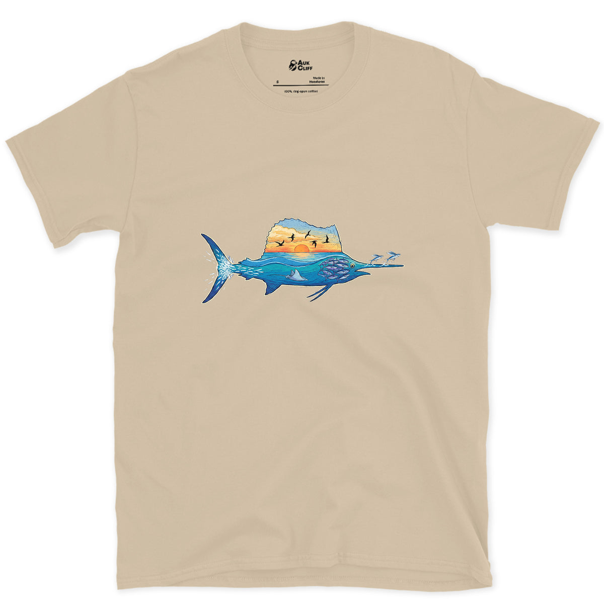Blue Water Runs Through It, Marlin design on a Sand Gildan Softstyle t-shirt