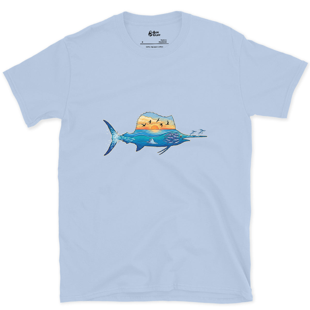 Blue Water Runs Through It, Marlin design on a Light Blue Gildan Softstyle t-shirt