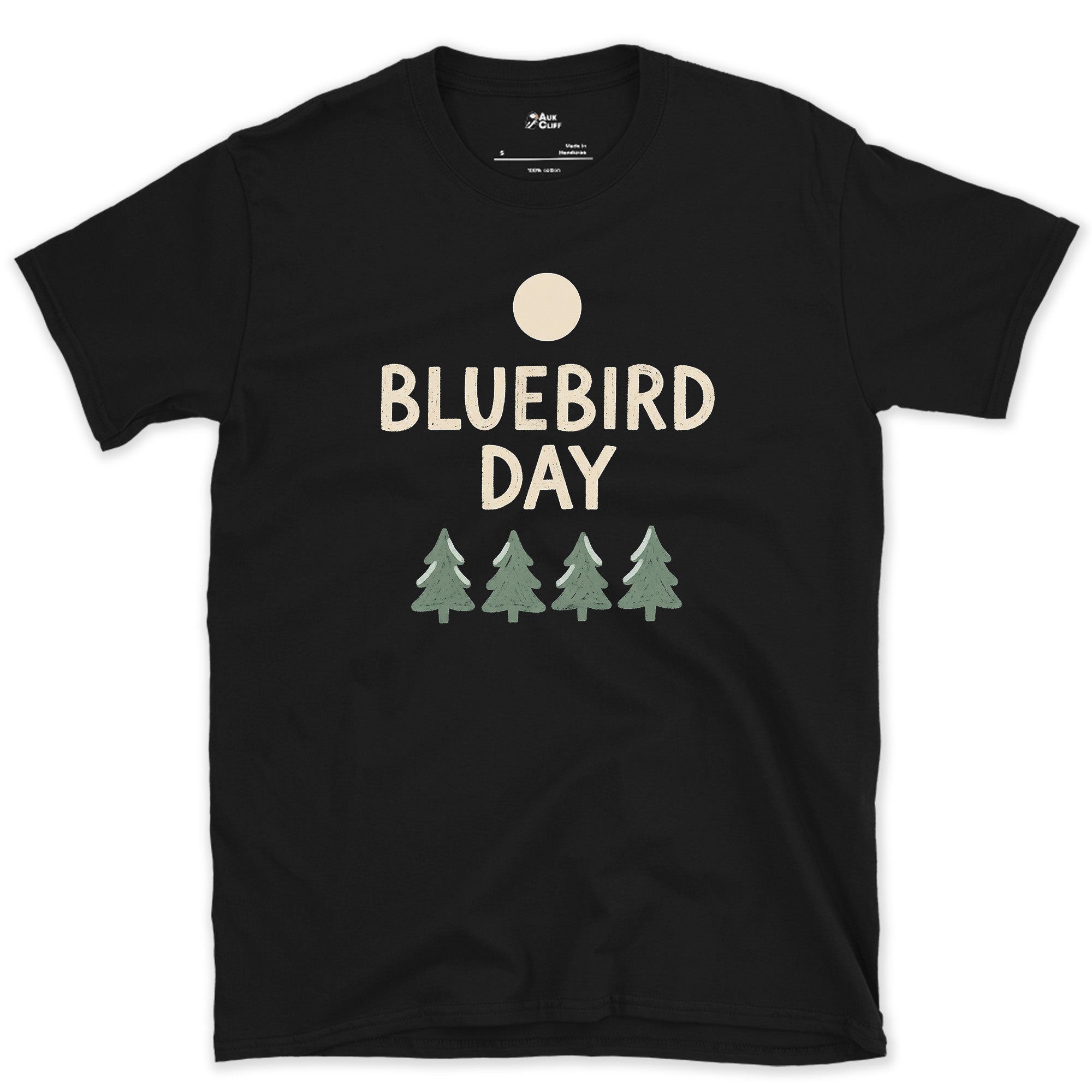 Bluebird Day, Moonrise Over the Pines design on a Black Gildan Softstyle t-shirt