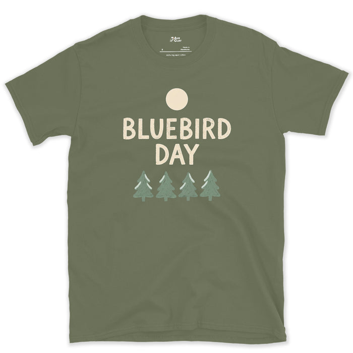 Bluebird Day, Moonrise Over the Pines design on a Military Green Gildan Softstyle t-shirt