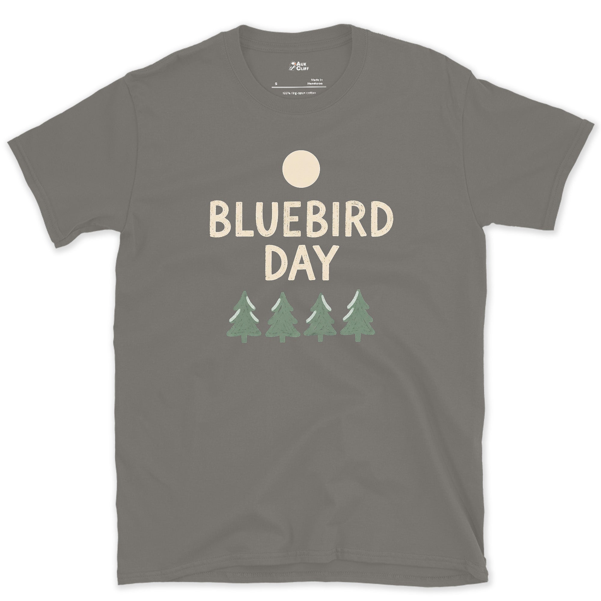 Bluebird Day, Moonrise Over the Pines design on a Charcoal Gildan Softstyle t-shirt