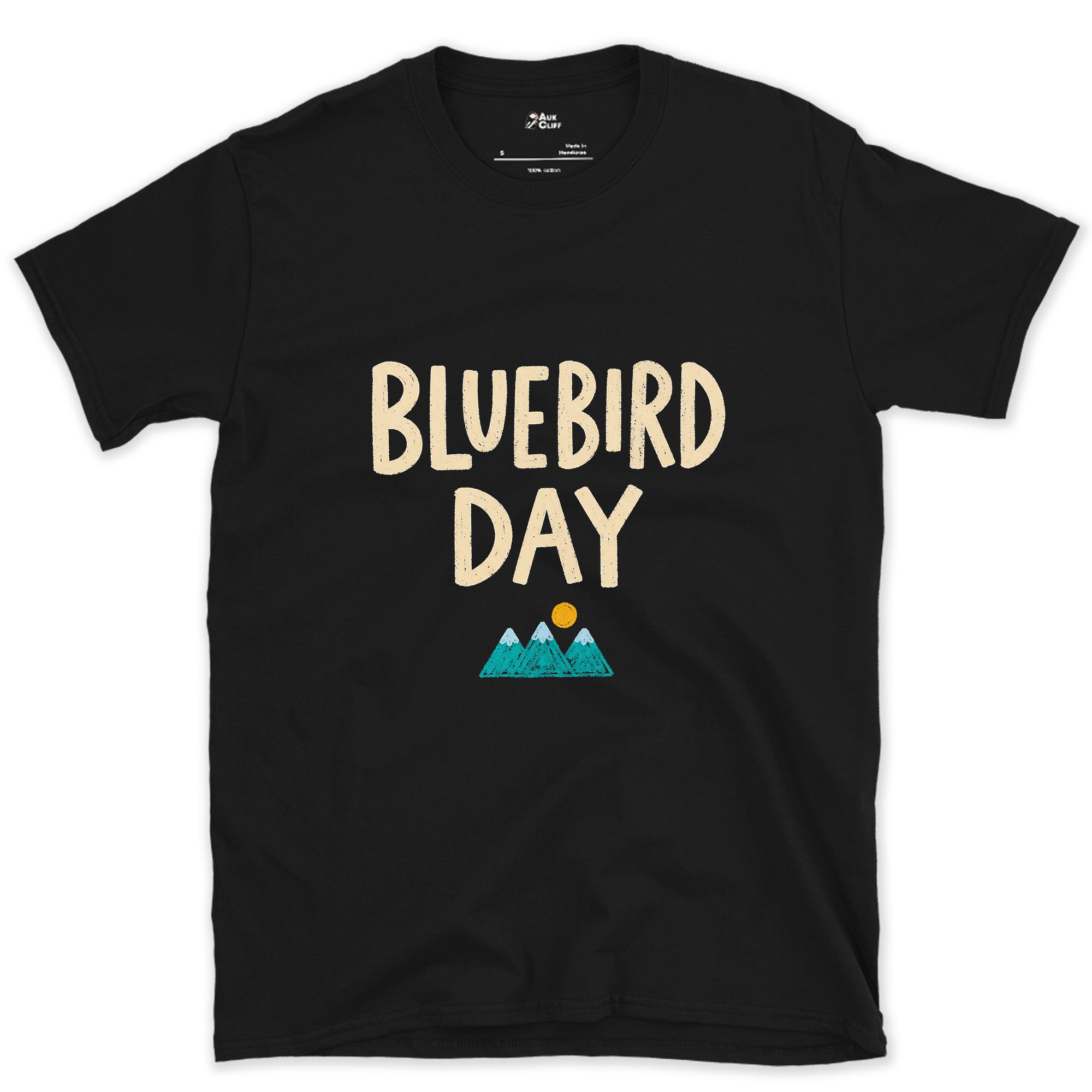 Bluebird Day, Mountains Under a Bright Sun design on a Black Gildan Softstyle t-shirt
