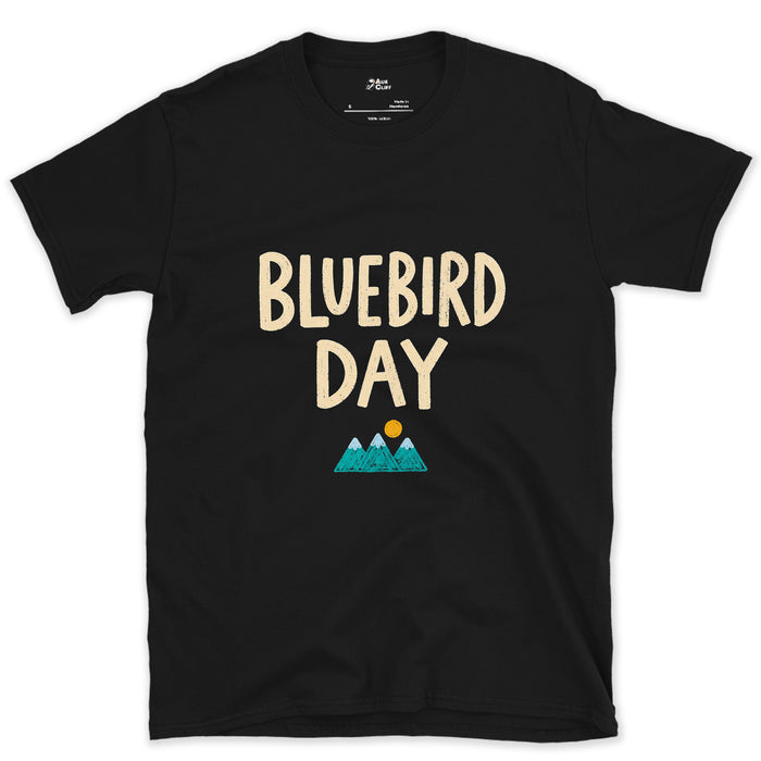 Bluebird Day, Mountains Under a Bright Sun design on a Black Gildan Softstyle t-shirt