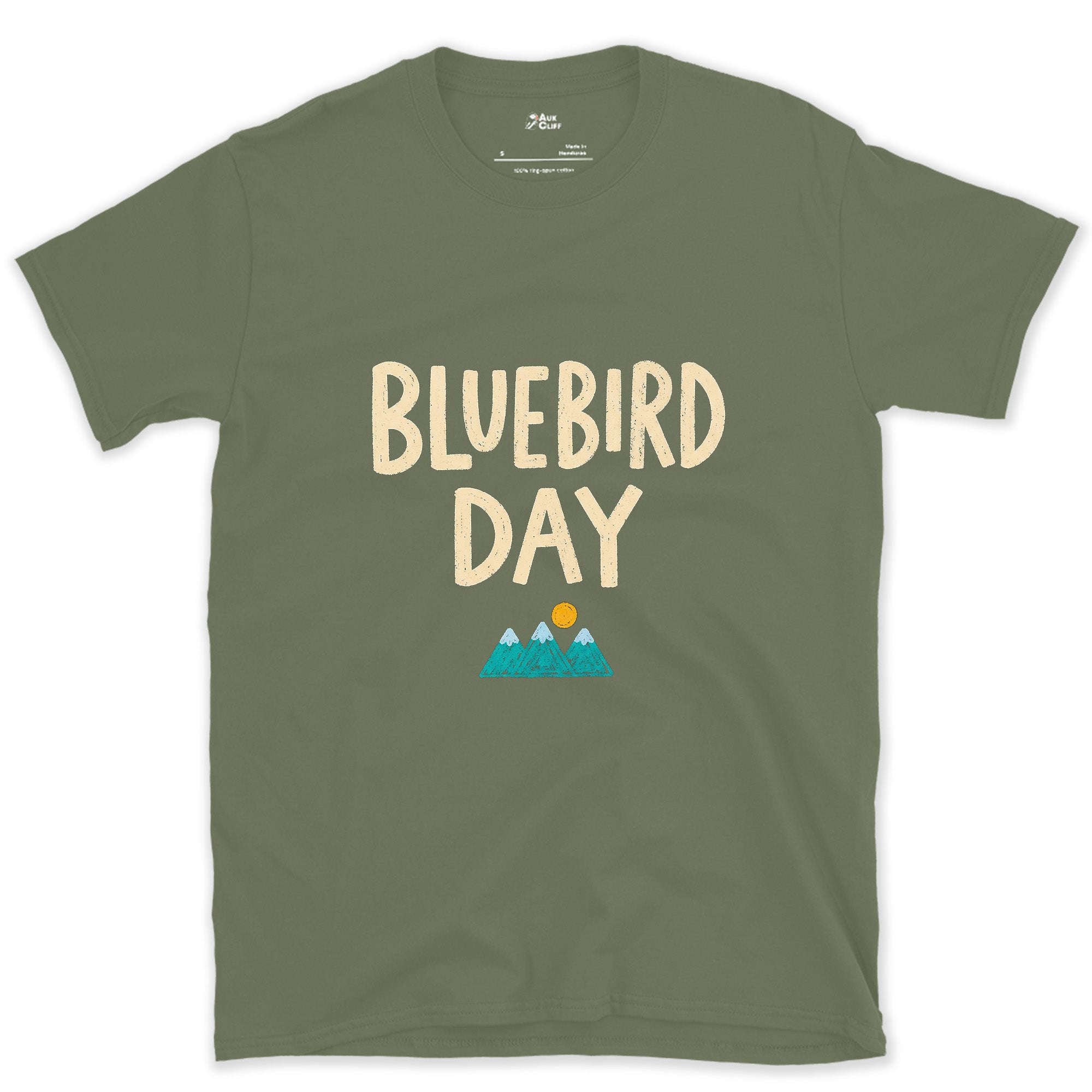 Bluebird Day, Mountains Under a Bright Sun design on a Military Green Gildan Softstyle t-shirt